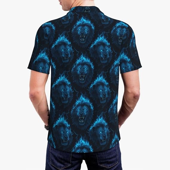 Blue Flame Lion Print Polo Shirts for Men-Funny Golf Shirts for Mens Short Sleeve Polos Polo T Shirts