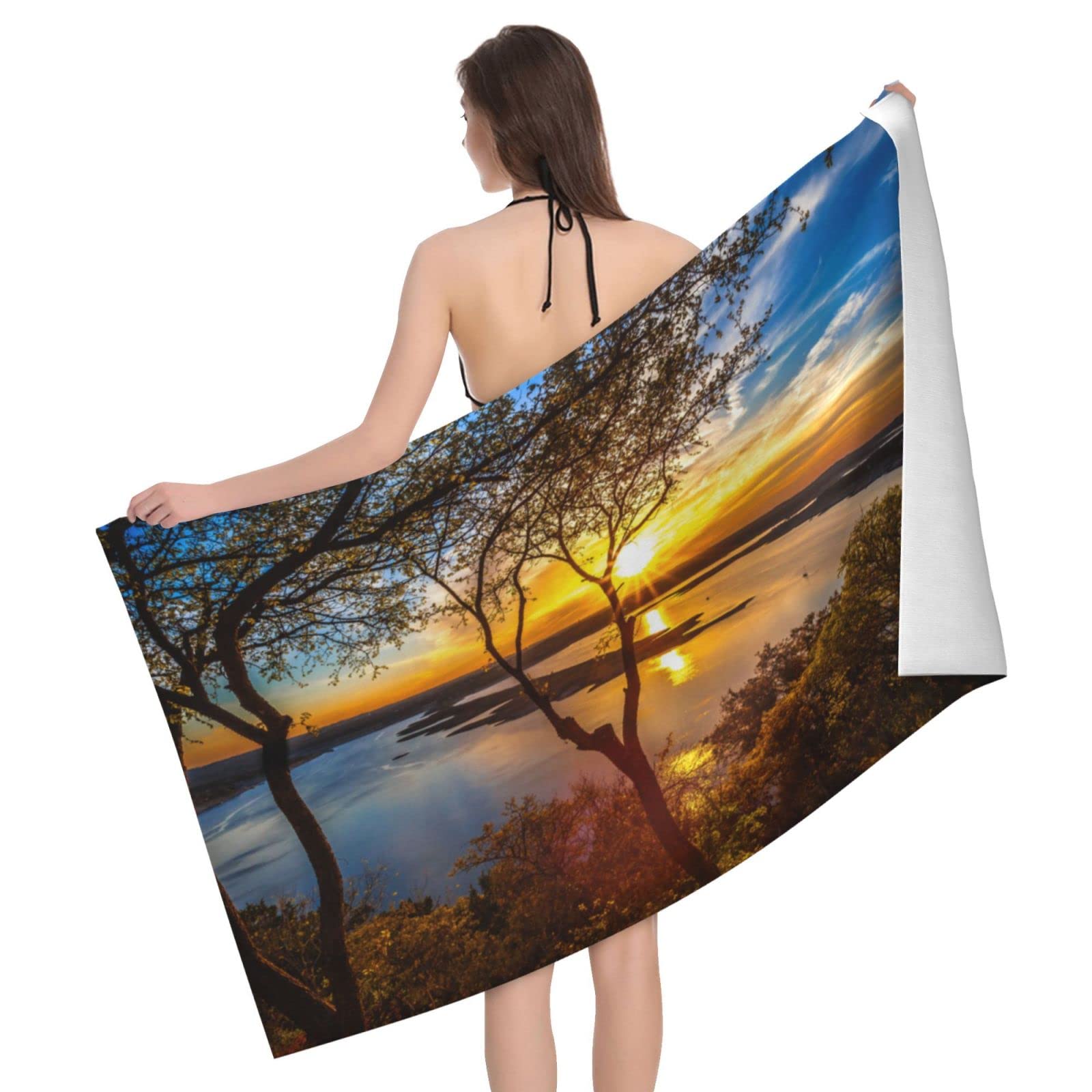 Lawenp Sunset Landscape Beach Towel, Lightweight Sand Free Quick Dry Microfiber Absorbent Bath Towel for Kids, Adults, Swimming, Bath, Yoga, Pool, Travel, Camping 32"X52"