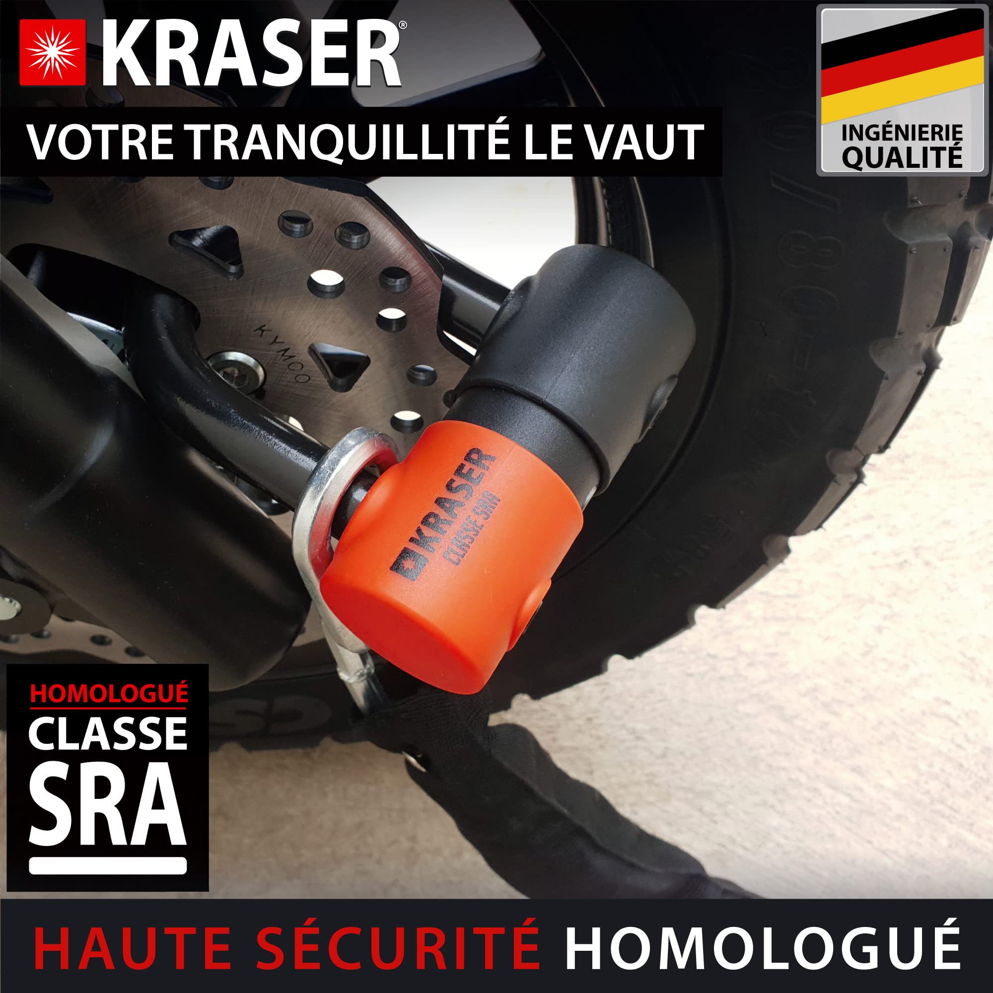 KRASER KR50+120L Antivol Moto Bloque Disque Homologué SRA | Robust Mini U Ø18 Acier Cémenté Double Verrouillage + Chaine Ø10 Haute Sécurité, Multifonctionnelle Moto Velo Parking Garage, 120cm Lasso