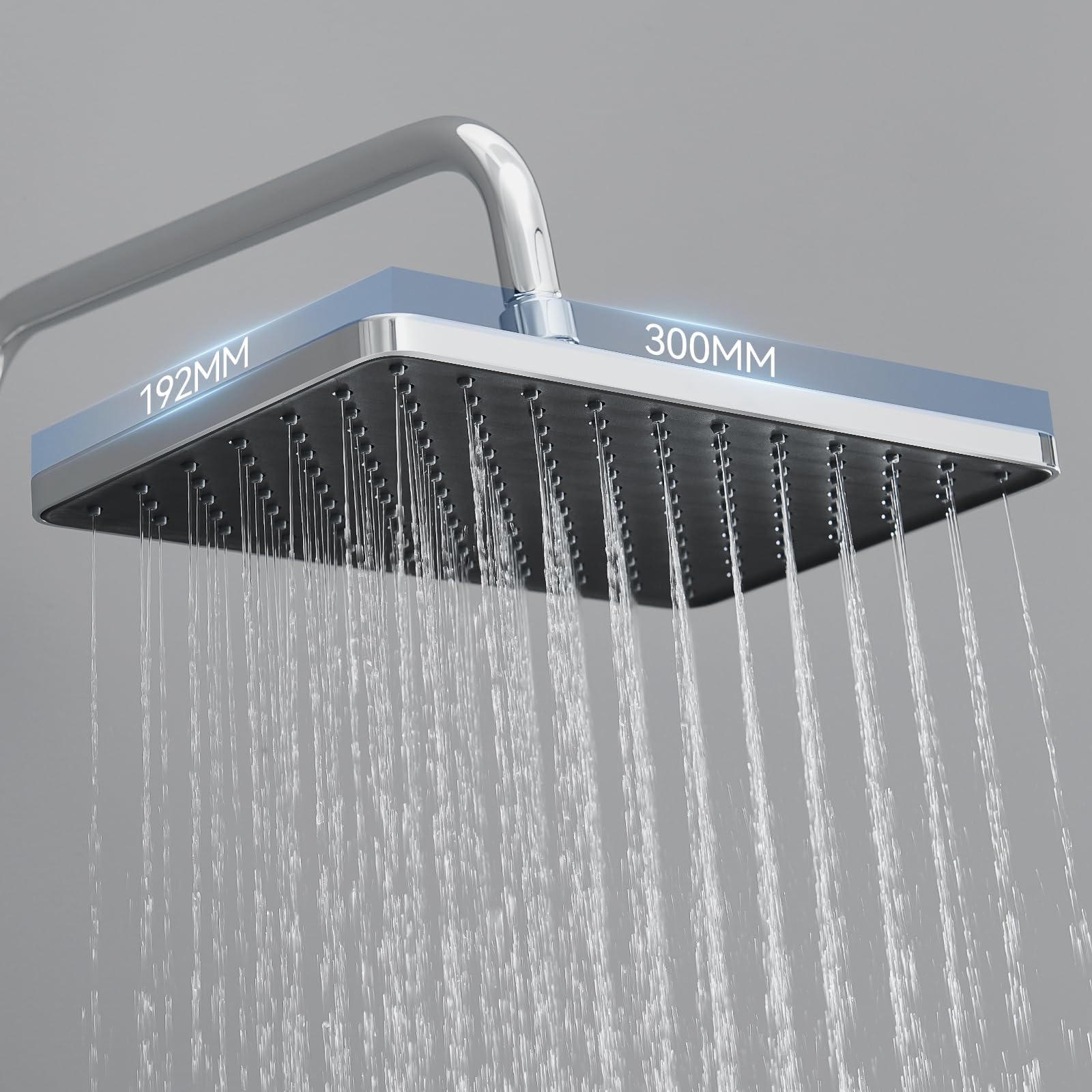 Auralum Columna de Ducha con Grifo Termostático, Columna Ducha con Estante, Rociador Ducha Lluvia 30x19cm, Alcachofa de Ducha 3 Modos con Manguera 1,5m, Duchas de Baño Altura Regulable 88-124cm, Cromo