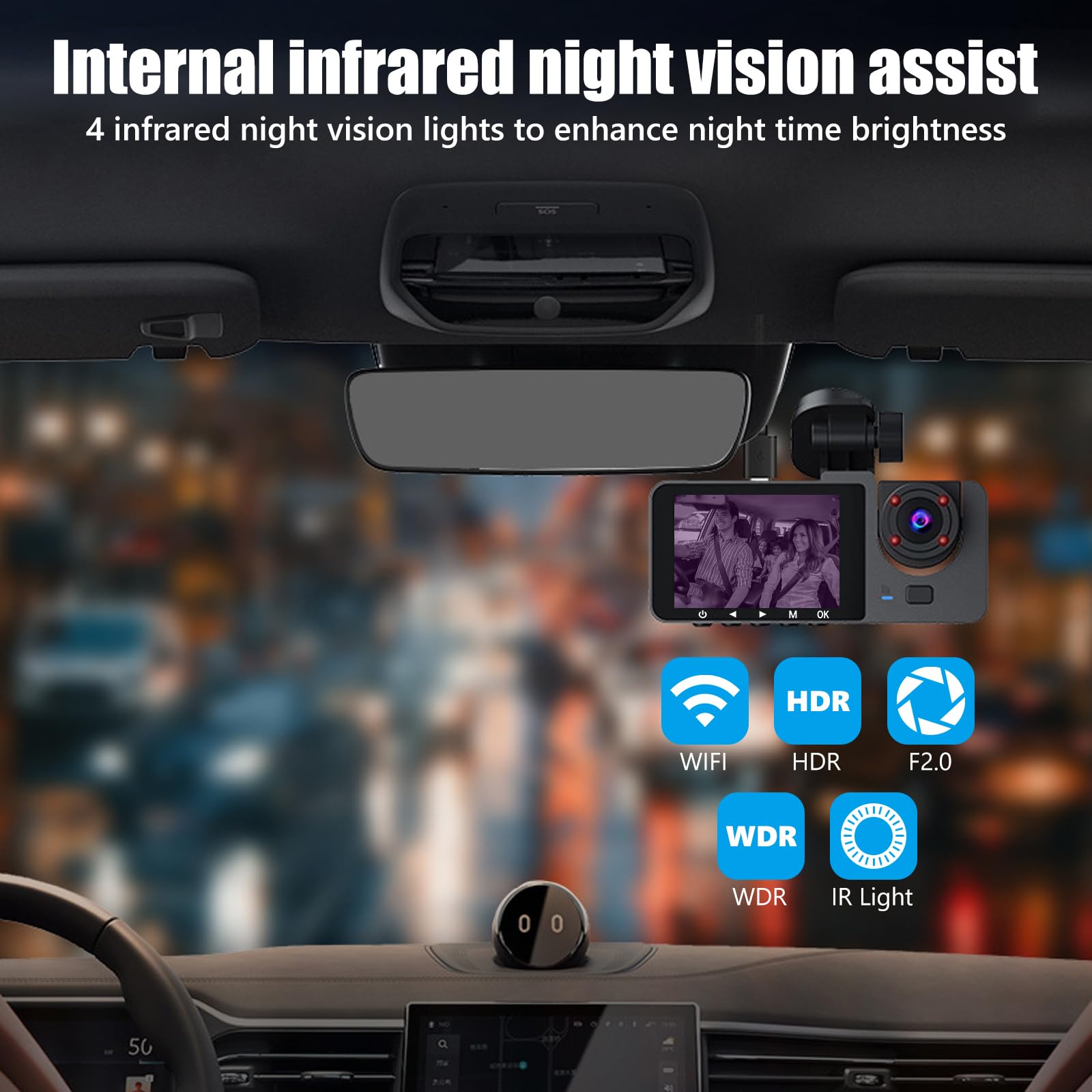 1080P Dashcam Voiture Avant Arrière Intérieur, avec Carte SD 32GB, Caméra de Voiture avec Surveillance de Stationnement, Détection de Mouvement, 170° Grand Angle 3 Canaux 24H (Version WiFi)