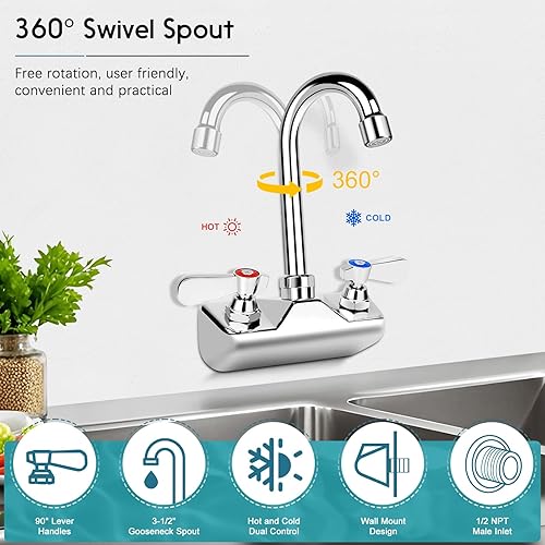 Miniatura 6 de Grifo de fregadero comercial central de 4 pulgadas, montaje en pared, grifo de fregadero de mano de cocina, entrada macho NPT de 12 pulgada,