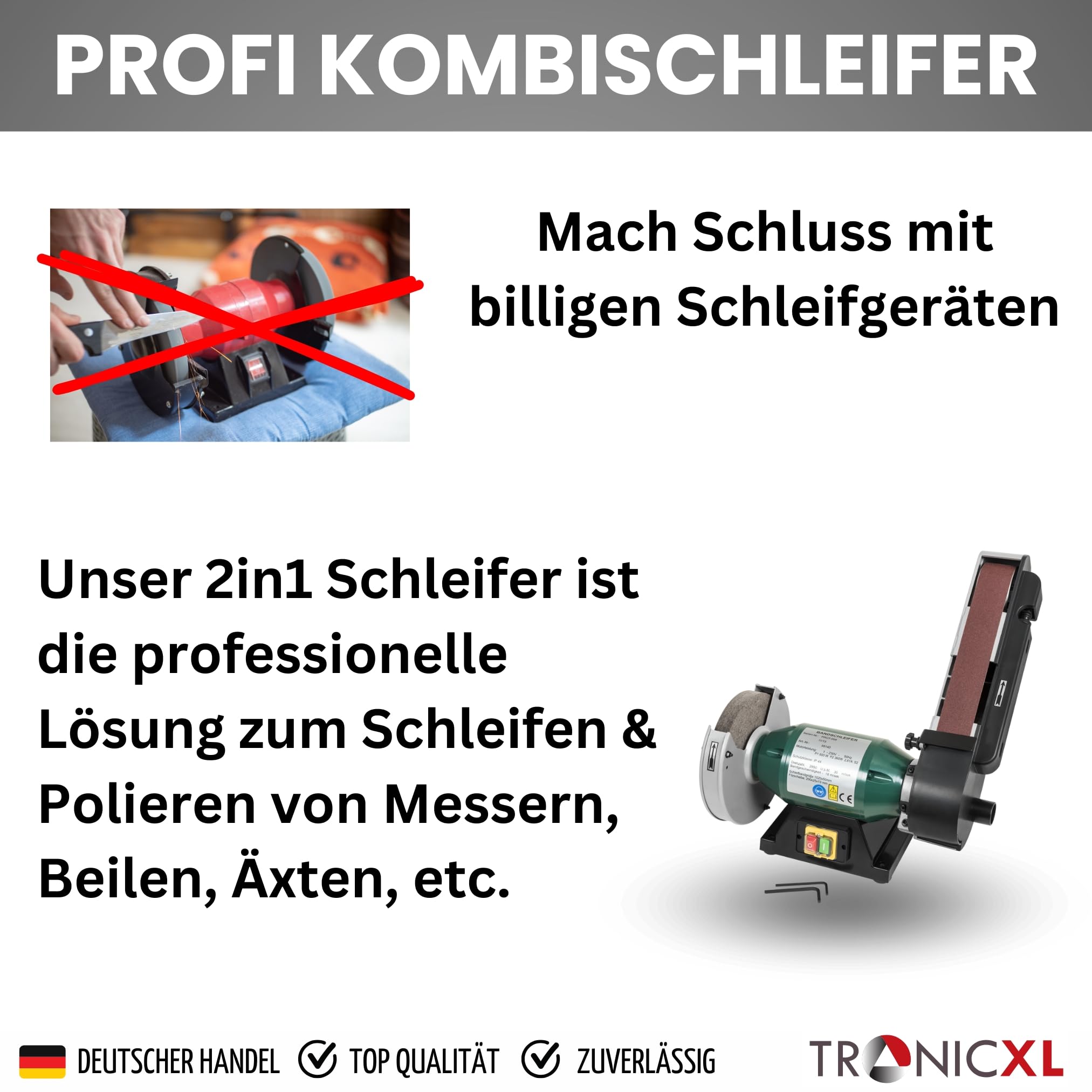 TronicXL Szlifierka kombi 600 W, tarcza filcowa do polerowania, taśma szlifierska, ostrzałka do noży, ostrzałka taśmowa, podwójna szlifierka taśmowa