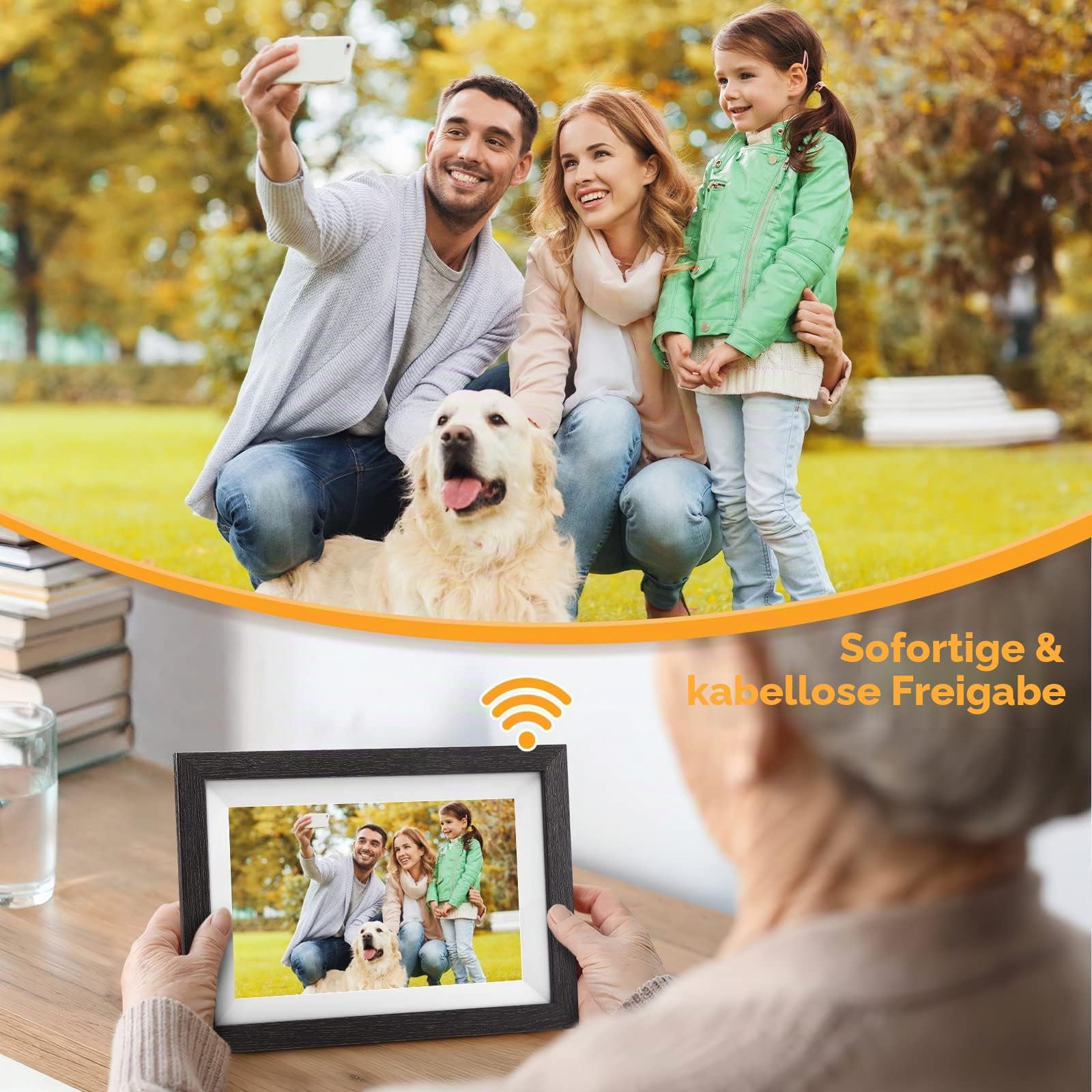 Frameo Digitaler Bilderrahmen WLAN, FUMAT 10.1 Zoll Elektronischer Bilderrahmen Digital 32 GB Speicher, Einfache Teilen von Fotos und Videos über Frameo App, Automatische Drehung,IPS HD Touchscreen