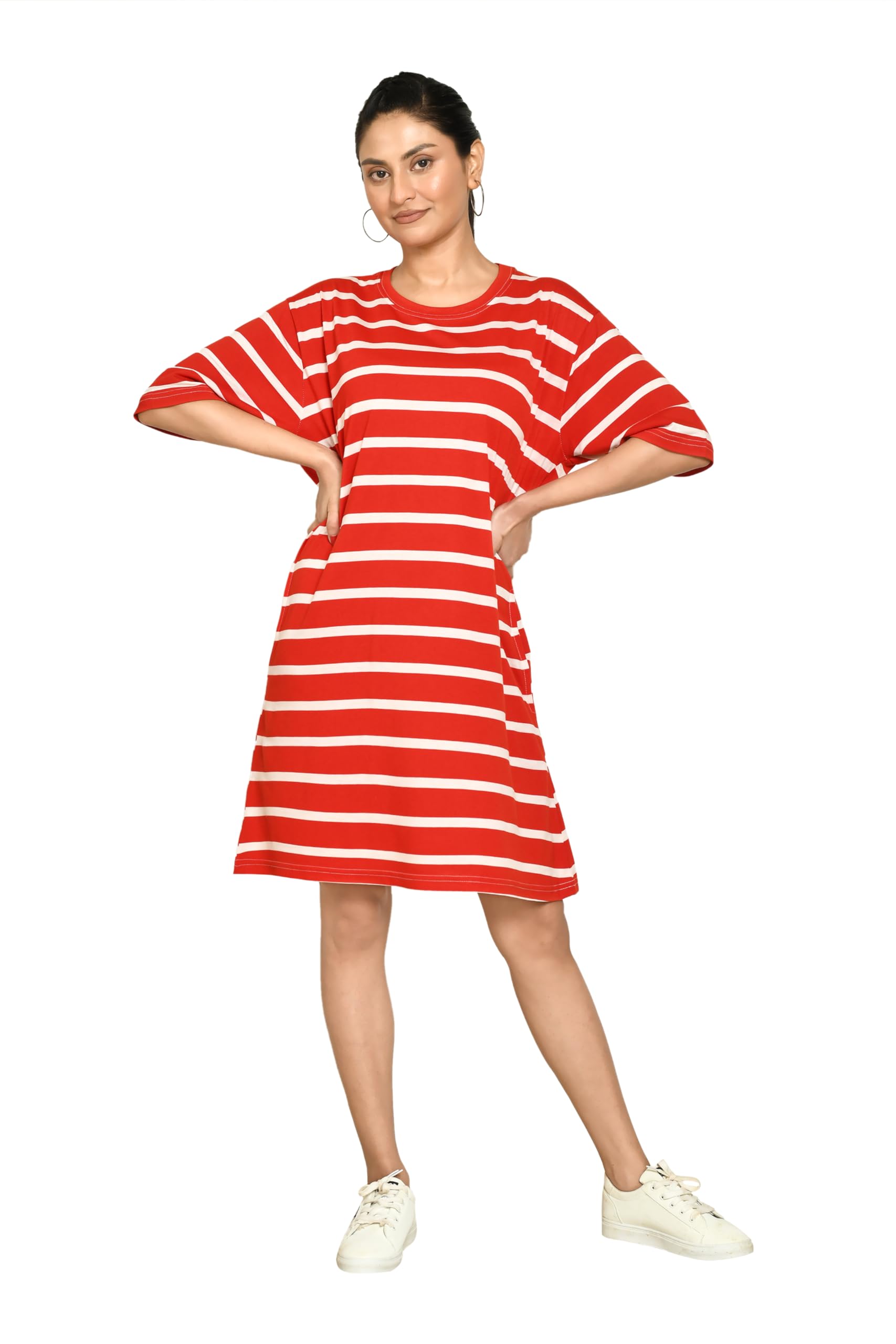 RAPL Bharat Womens Casual Round Neck Cotton Knee Length Dress with Striped Pattern & Short Sleeves I Perfect Summer-Friendly T-Shirt Dress - Red & White, Size - M (B0D22KTD59) Amazon Price History, Amazon Price Tracker