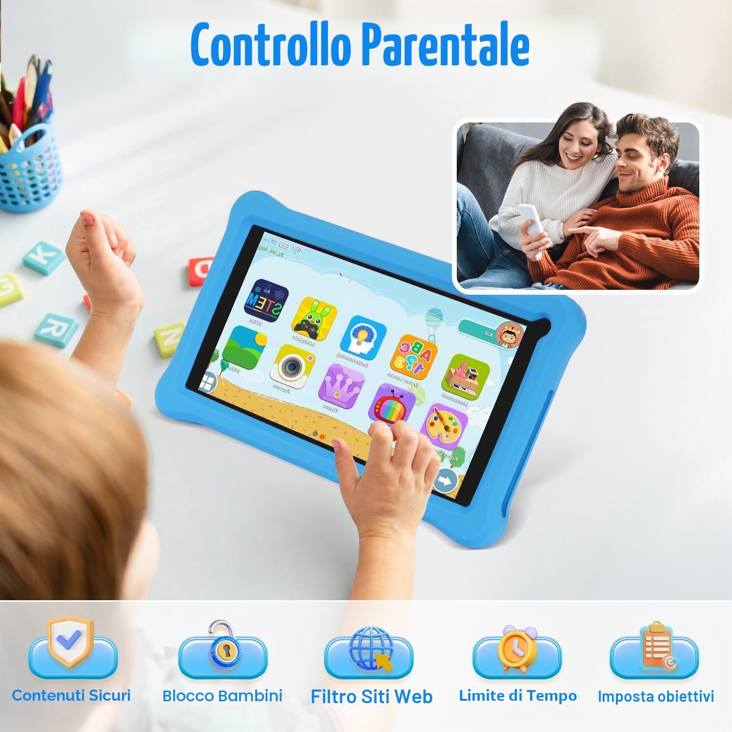 Tablet per bambini 7 pollici, Android 13, 8 GB RAM + 64 GB ROM (espandibile 256 GB), controllo genitori, schermo HD IPS, certificato GMS, Wi-Fi, tablet educativo bambini con custodia (blu)