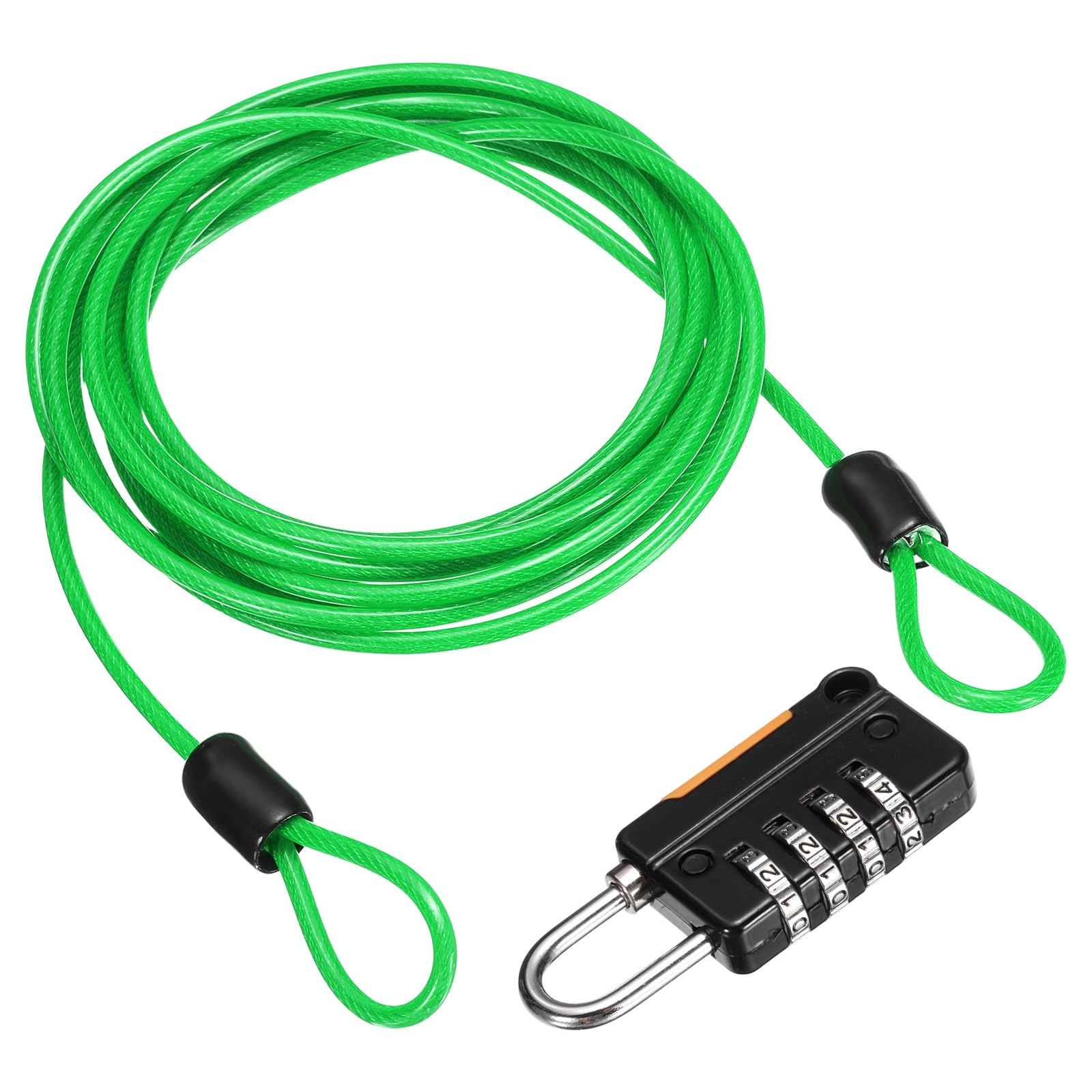 sourcing map Security Steel Cable with 4 Digit Combination Lock, 6.6Ft Coated Safety Green Wire Rope Double Loop Padlock Luggage Lock for Outdoor Travel (200cm)