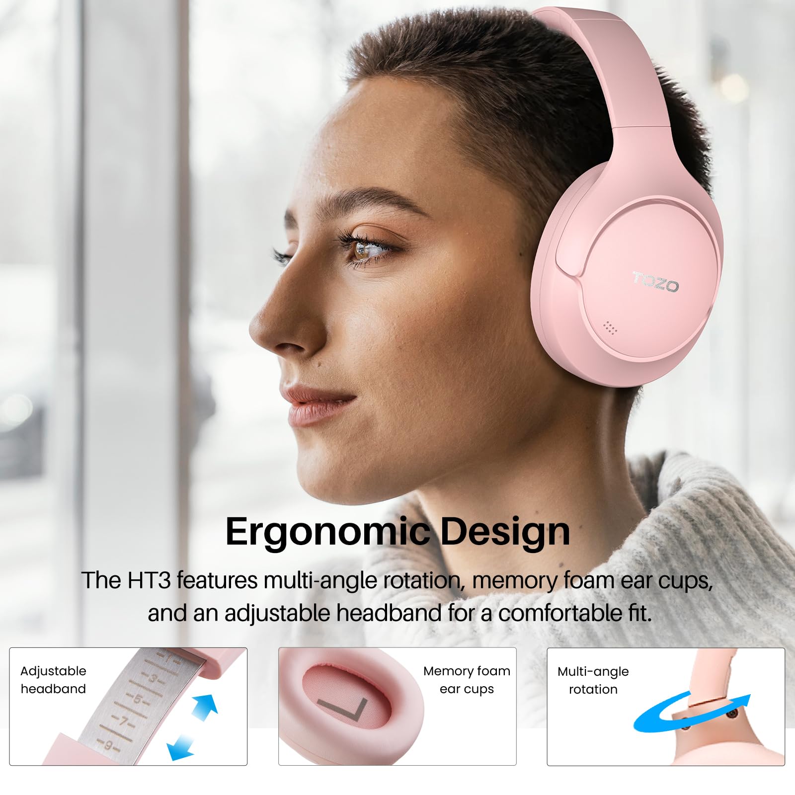TOZO HT3 Hybrid Noise Cancelling Wireless Headphones, 90H Over Ear Headset view 7