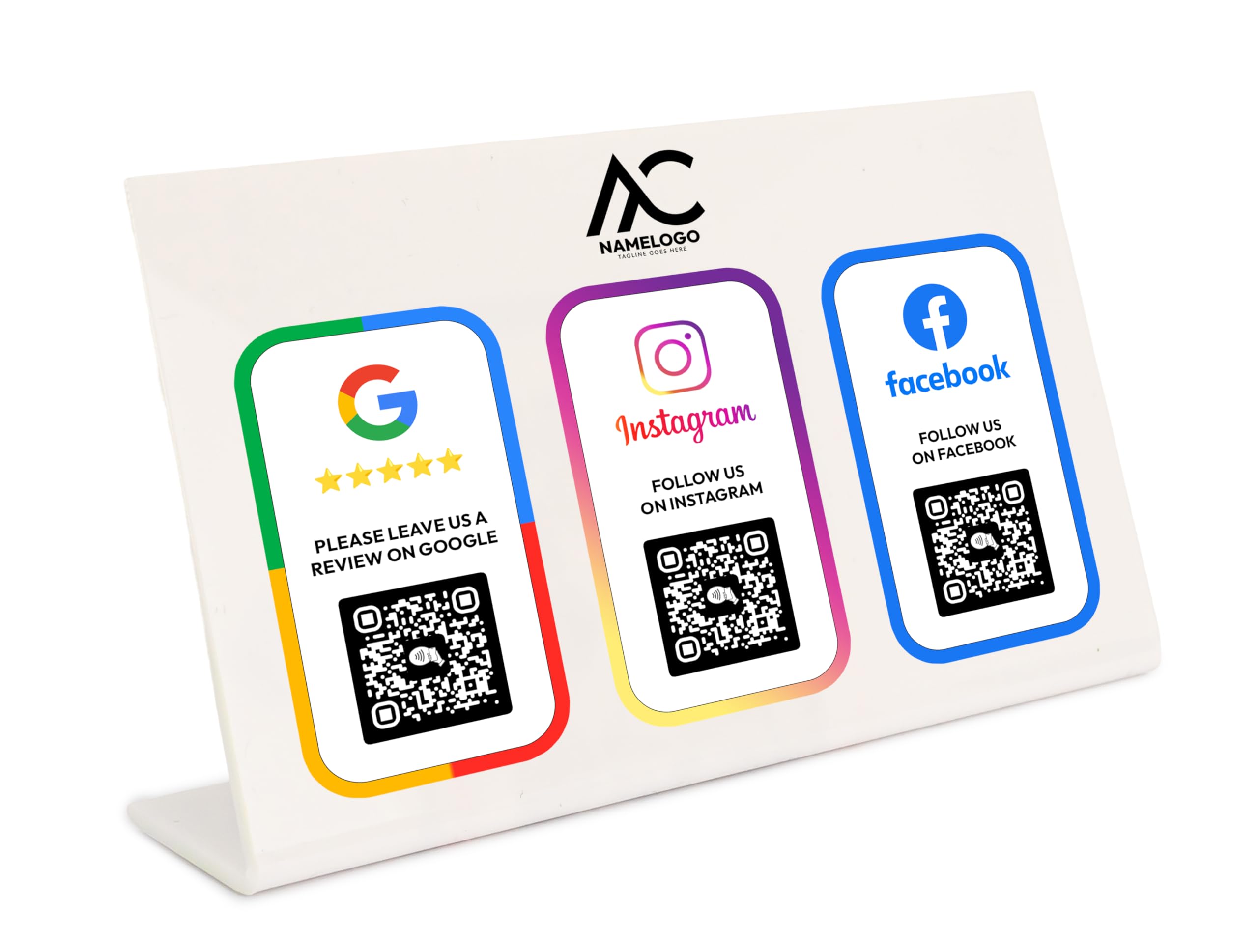 Custom Multi-QR Code Acrylic Business Sign – 2 to 4 QR Codes + NFC, Personalized Display with Logo – Contactless Counter Sign for Reviews, Social Media, Payments
