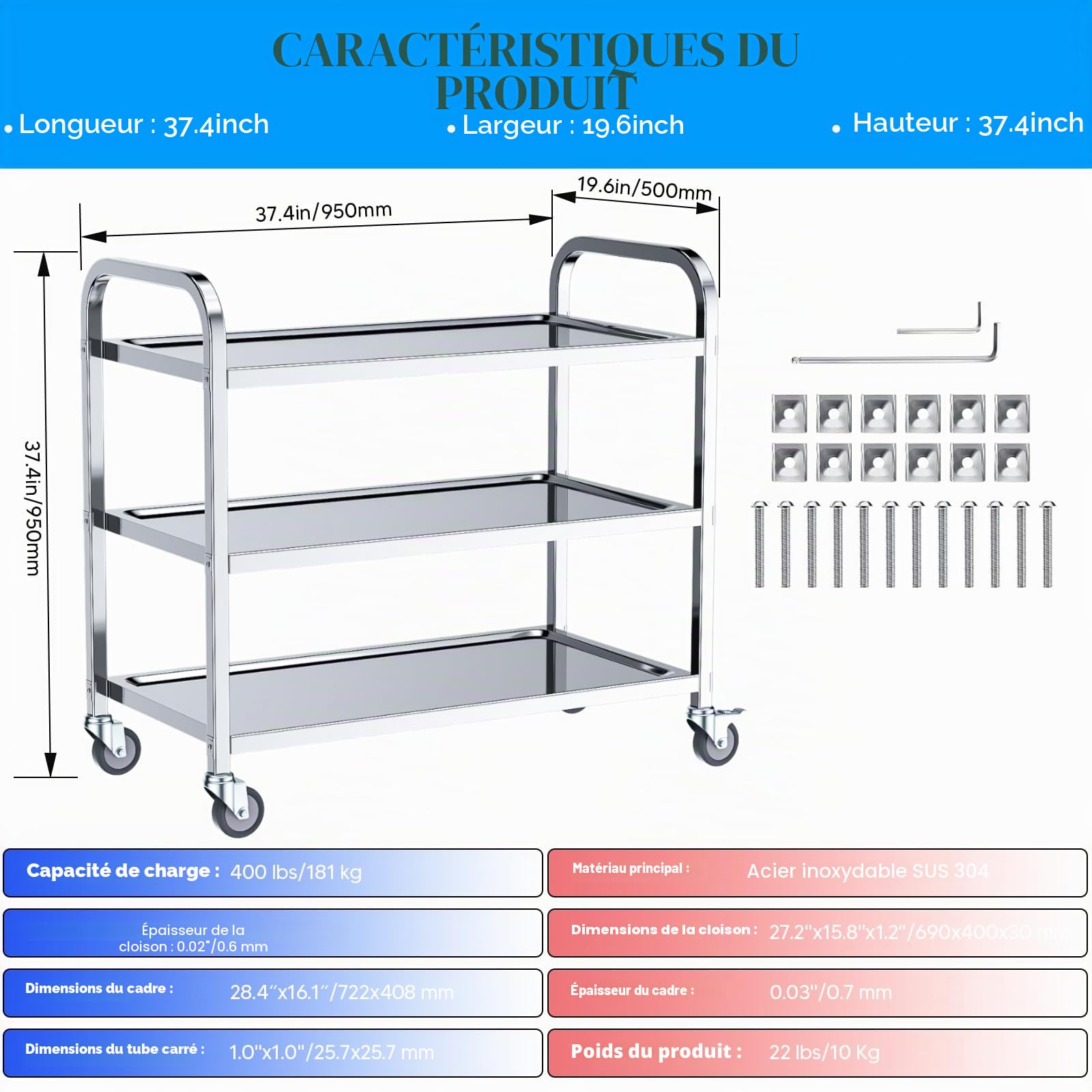 VELPAX Chariot de Service desserte de Cuisine à roulettes 3 étagères 95x50x95 cm Desserte, Déplacement Silencieux pour Rangement Clinique Cuisine Hôtel Salon de Beauté