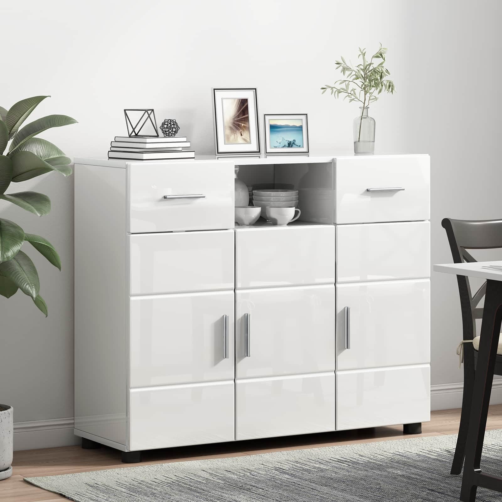 Armadio in legno bianco lucido, con 3 ante, 2 cassetti e 3 ripiani, moderno spazio per soggiorno e ufficio, facile da pulire e durevole, versatile