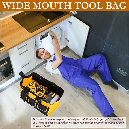 Miniatura 2 de BLIRITEL Bolsa de herramientas de 13 pulgadas para hombres con parte inferior dura impermeable, bolsa de herramientas de boca ancha resistente,