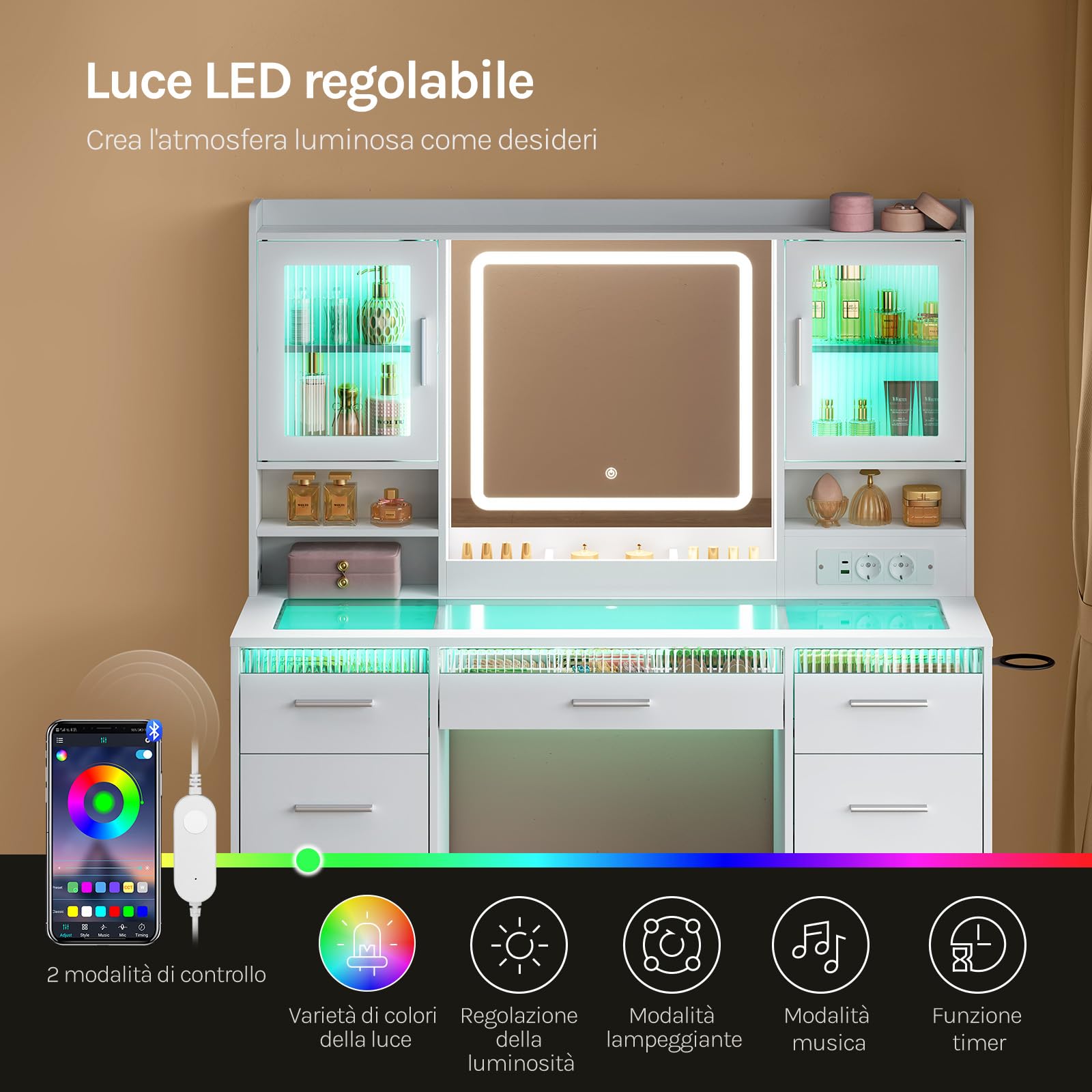 WOLTU Toeletta con Specchio e LED Regolabili, 2 Armadietti con Ante e Luci RGB, 9 Cassetti e Multipresa, Piano in Vetro Temperato, Postazione Trucco, per Camera da Letto, Cabina Armadio, Bianco