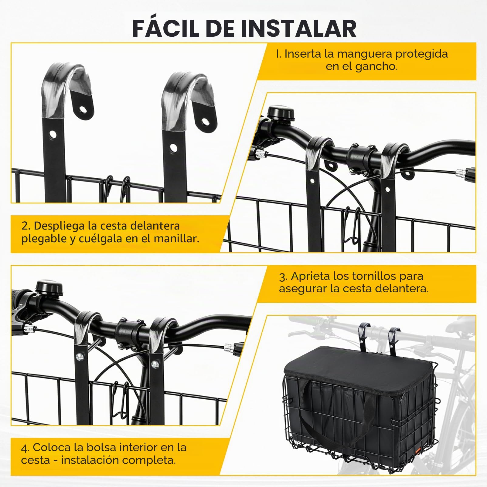Cesta delantera y trasera plegable para bicicleta con bolsa interior de poliuretano, bolsillo interior extraíble, cesta de bicicleta unisex para parte delantera, malla de alambre, cesta de bicicleta