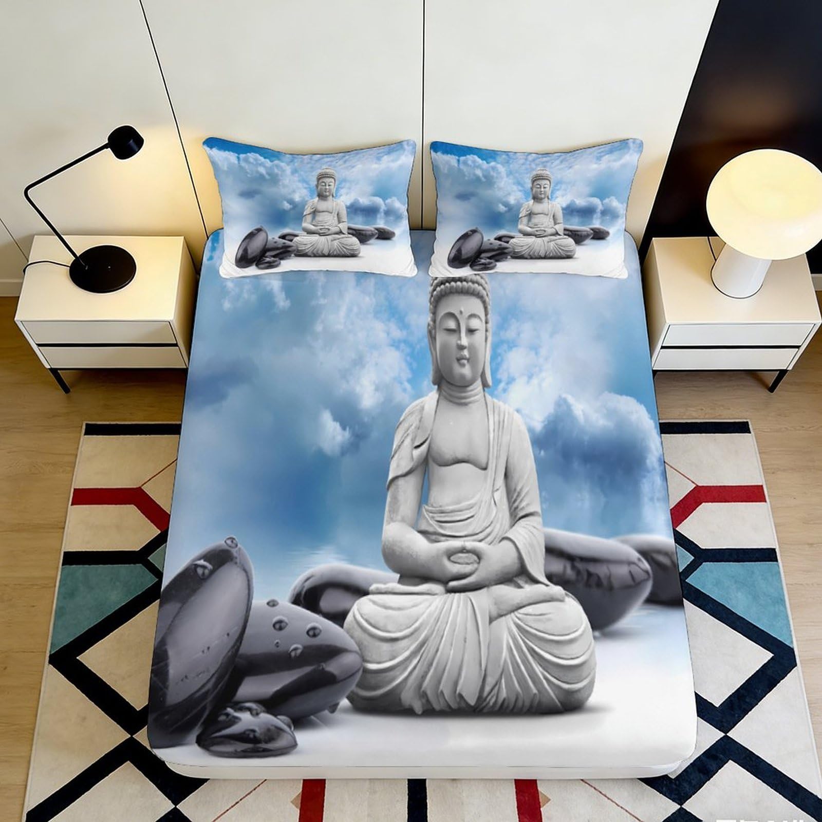 3D Printed Buddha Statue Fitted Sheet Microfiber Soft Breathable Zen Lotus Bed Cover for Bedroom Dorm Decor 90x200x25cm