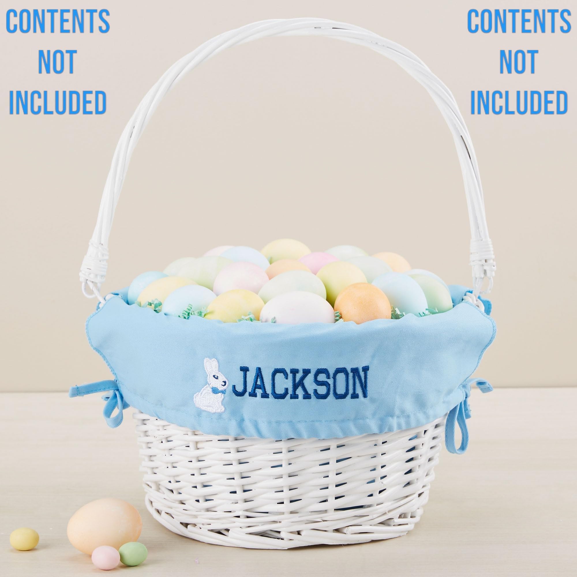 Personalization Universe Bunny Name Hand-Woven Personalized Willow Easter Basket with Folding Drop-Down Handle, Customized with Name, Multiple Color Options for Boys and Girls - White, Light Blue
