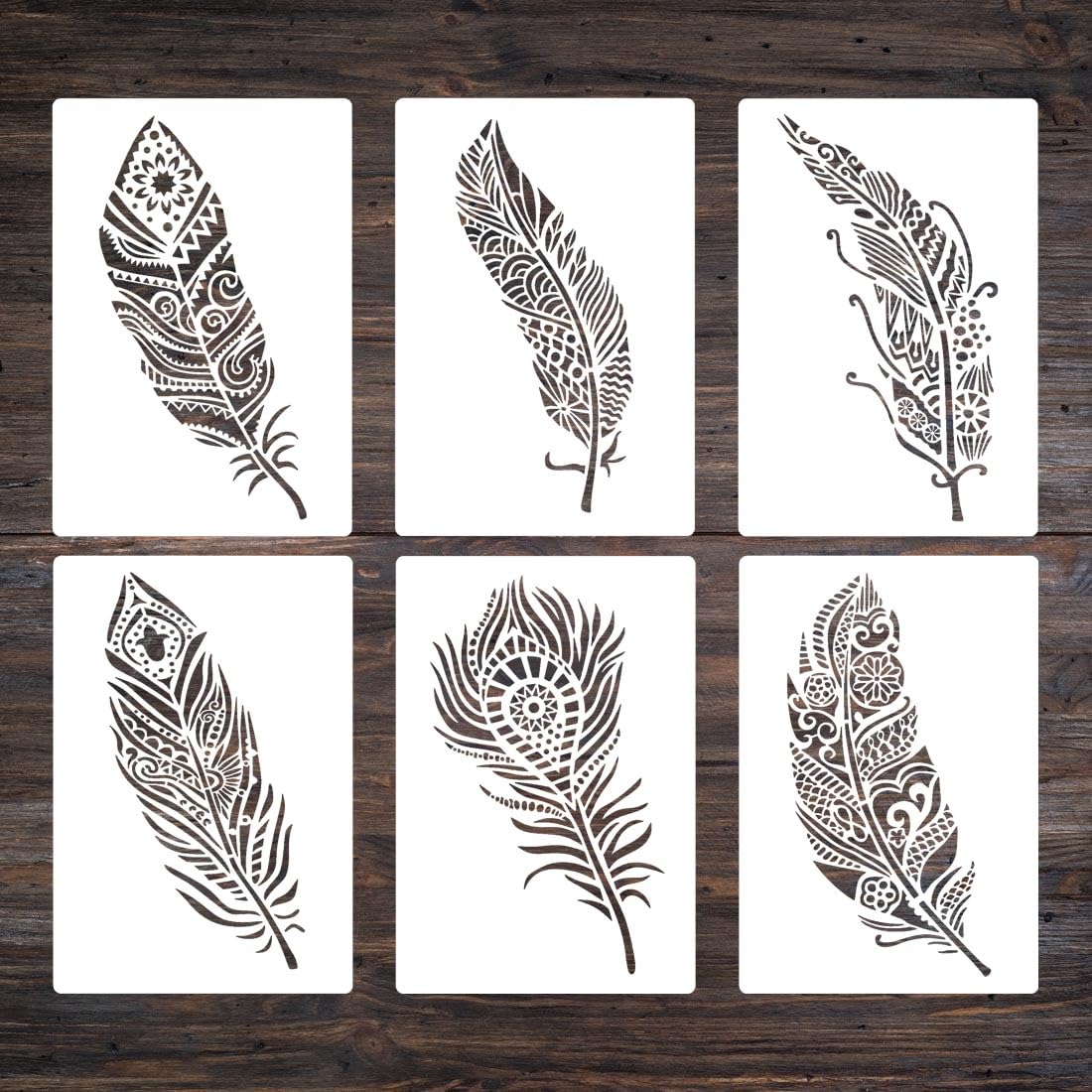 Feather Paint Stencils 6 Pcs Set- Peacock Feathers Mandala Templates for Painting Spraying, Sponge Roller Painting, Wall Decorating, DIY Craft (26 * 17.8cm)