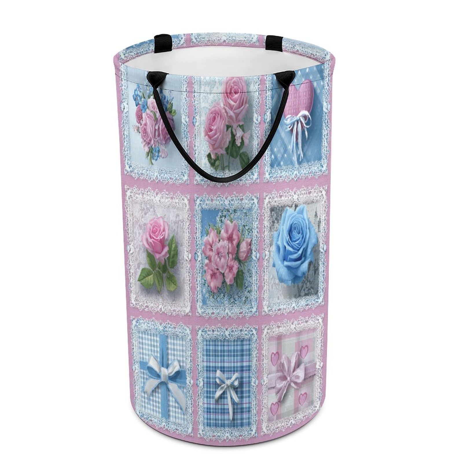 LUYYSKY Modern Aesthetic Pink Roses Collapsible Dirty Clothes Basket, Colorful Romantic Plants Roses Flowers Bows Pattern Portable Clothes Storage Basket