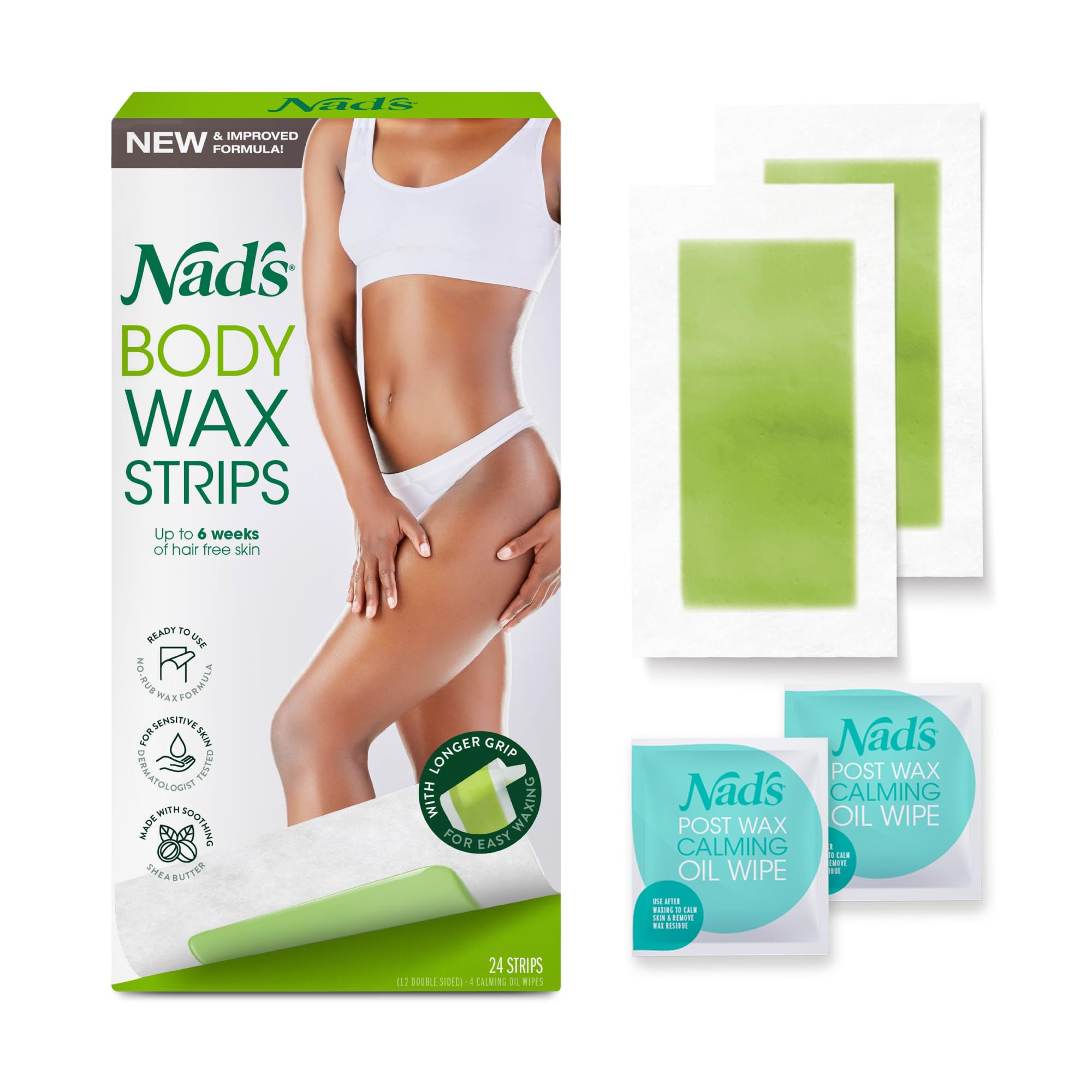 Nad's Body Wax Strips, Hair Removal For Women At Home, 24 Strips +4 Oil Wipes