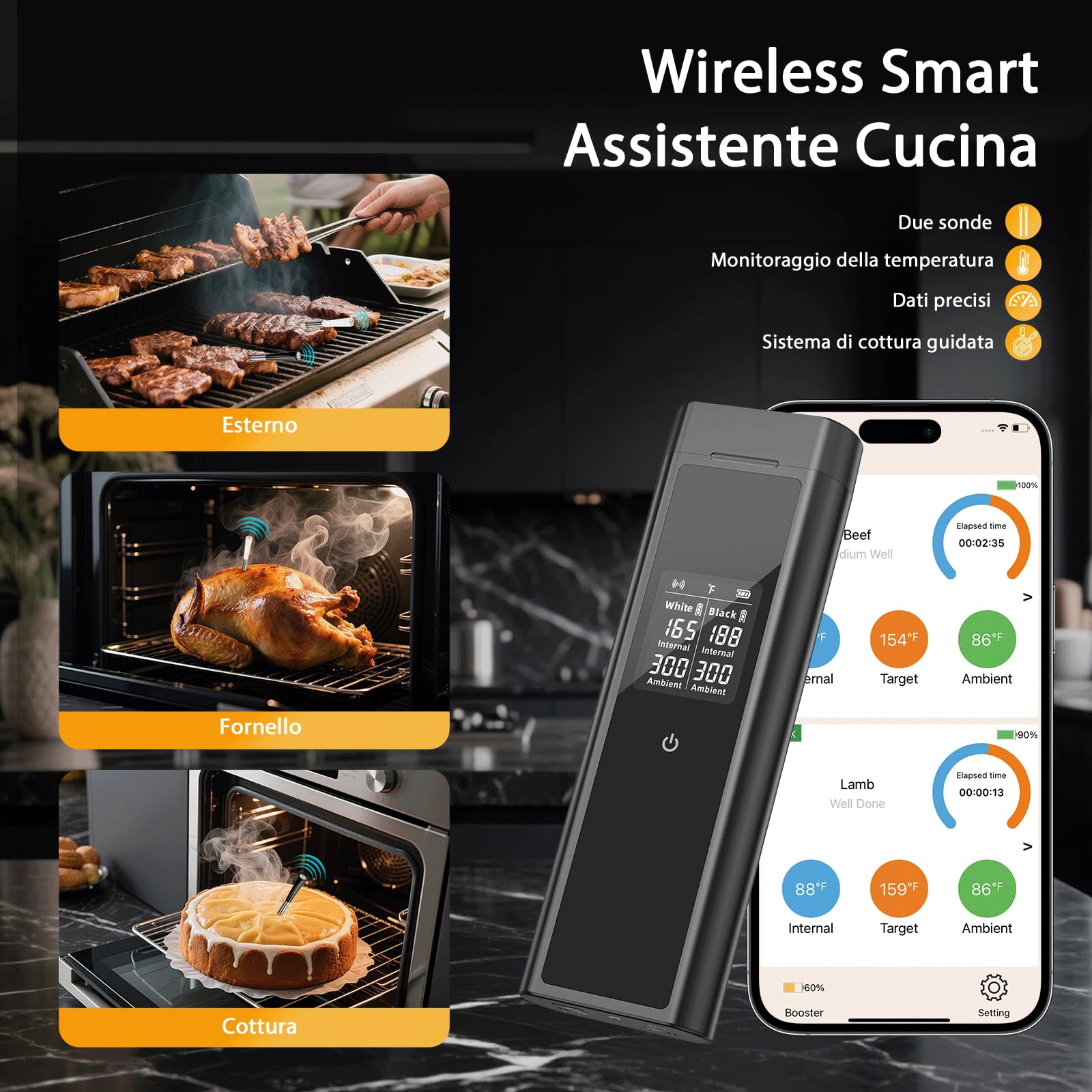 BlueSwan Termometro Carne Wireless con 2 Sonde IP67, Lavabile in Lavastoviglie, LCD Display, Scatola Magnetica Allarme Temperatura, 150m Bluetooth APP con 9 Modalità, per BBQ, Forno, Cucina, Camper