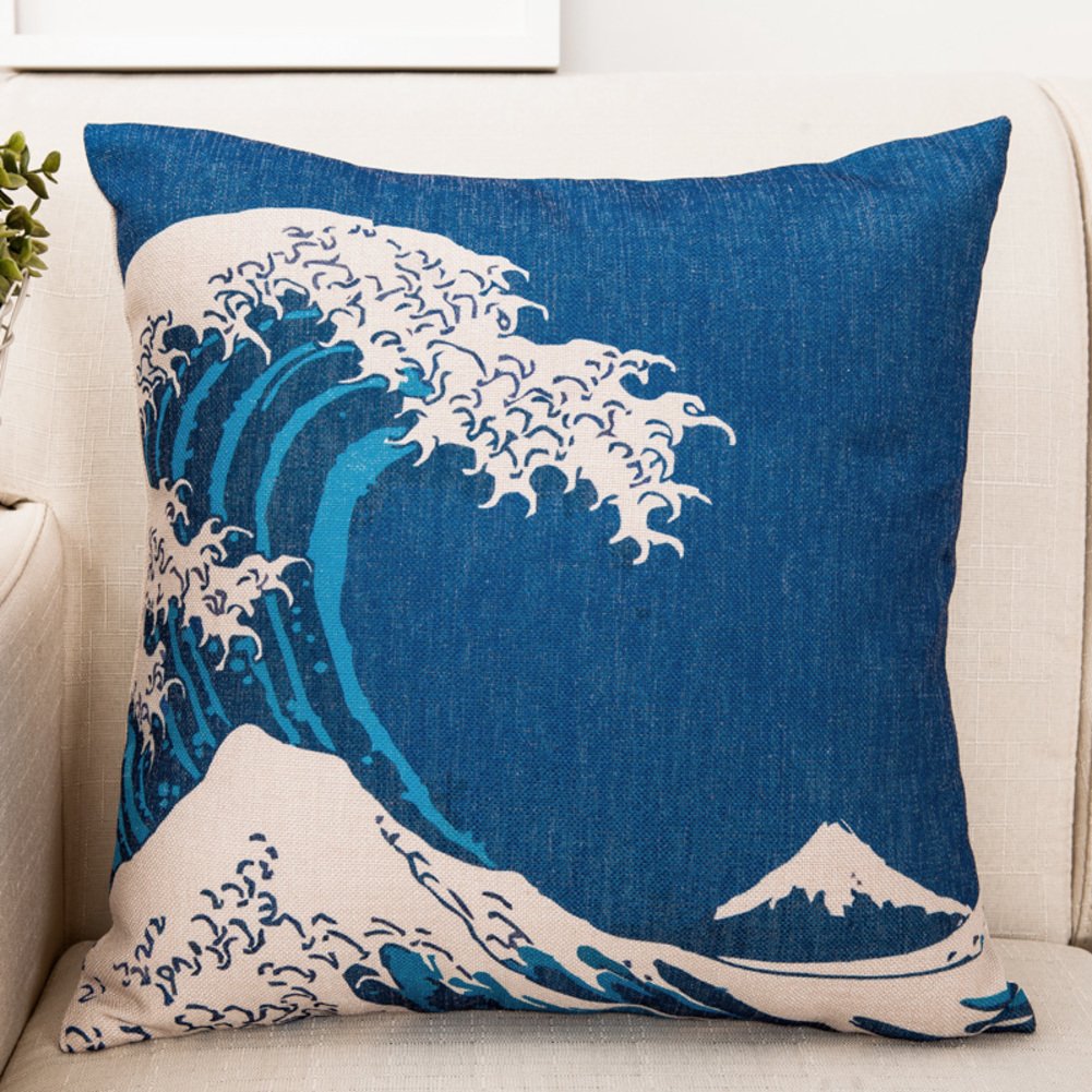 Oreiller Japonais pour coin lecture zen style folk coloré Mont Fuji 45x45cm ambiance de salon