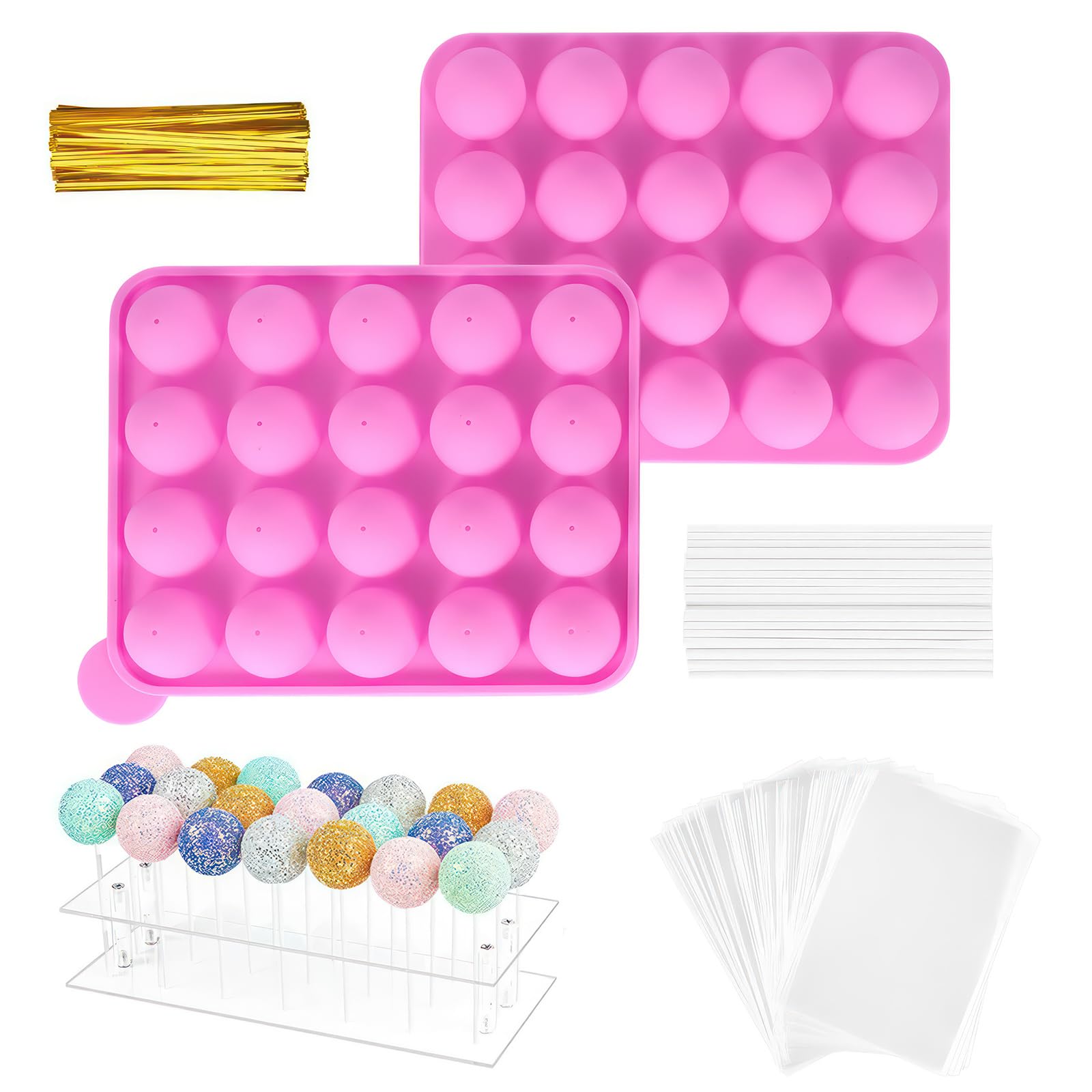 Kit de 302 moules à cake pop avec 1 support à sucettes, 1 ensemble de moules en silicone, 100 bâtons et sacs, 100 nœuds papillon dorés pour enfants et adultes