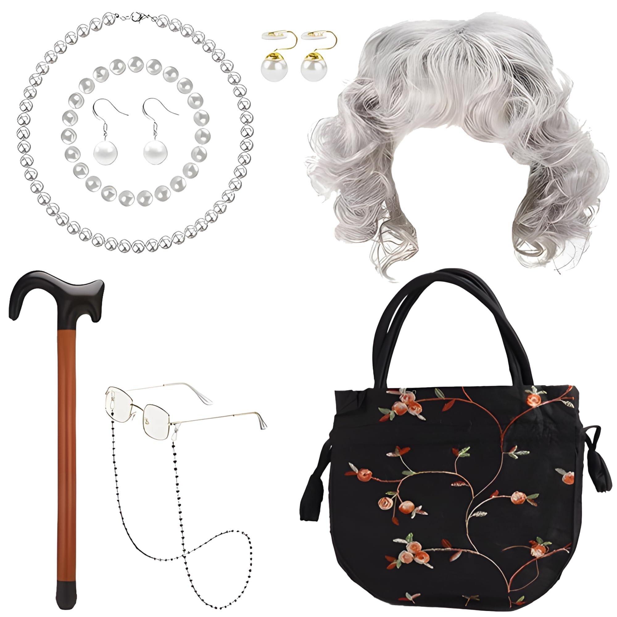 MOSNOW 9pcs Granny Costume Set for Adult Women - Grey Wig & Glasses Included | Instant Old Lady Fancy Dress Kit with Pearl Jewelry & Accessories | Easy Wear, Realistic Material