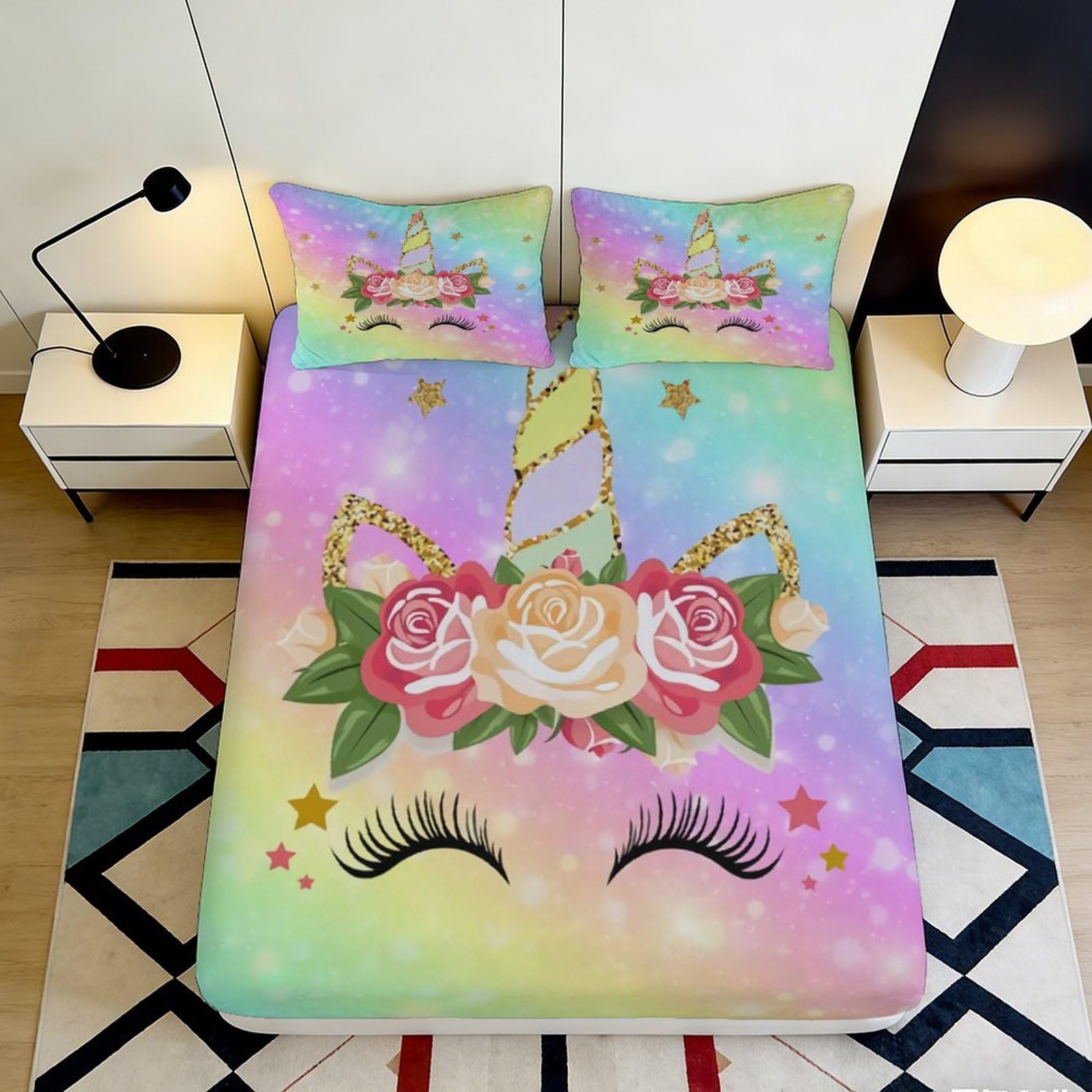 3D Printed Unicorn Rainbow Fitted Sheet Microfiber Pastel Floral Bed Cover Slip-Resistant Dustproof for Bedroom Guest Room 90x200x25cm