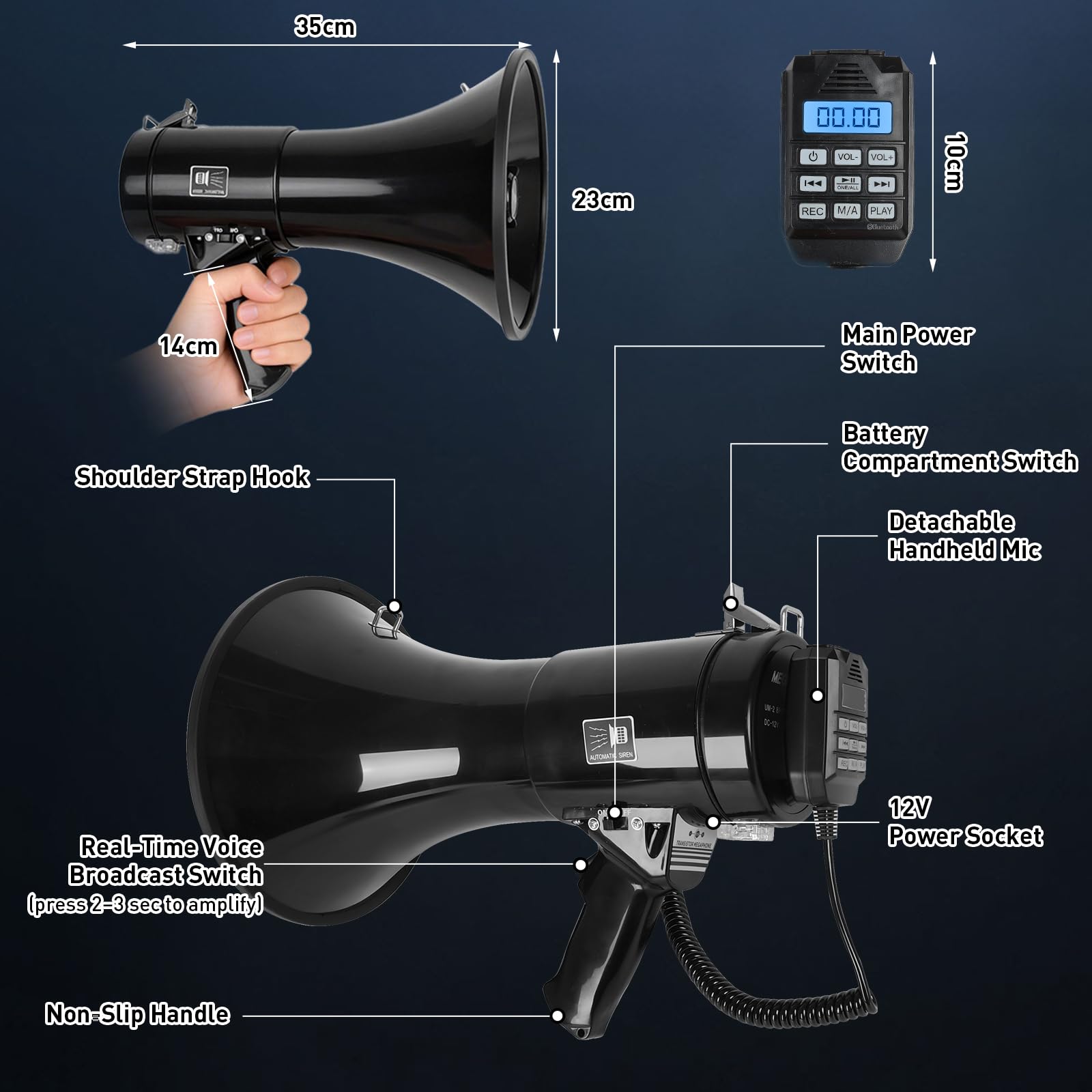 JAOGAUS Megáfono 100W con Bluetooth, Grabación, Sirena, Micrófono Externo, USB, Doble Alimentación