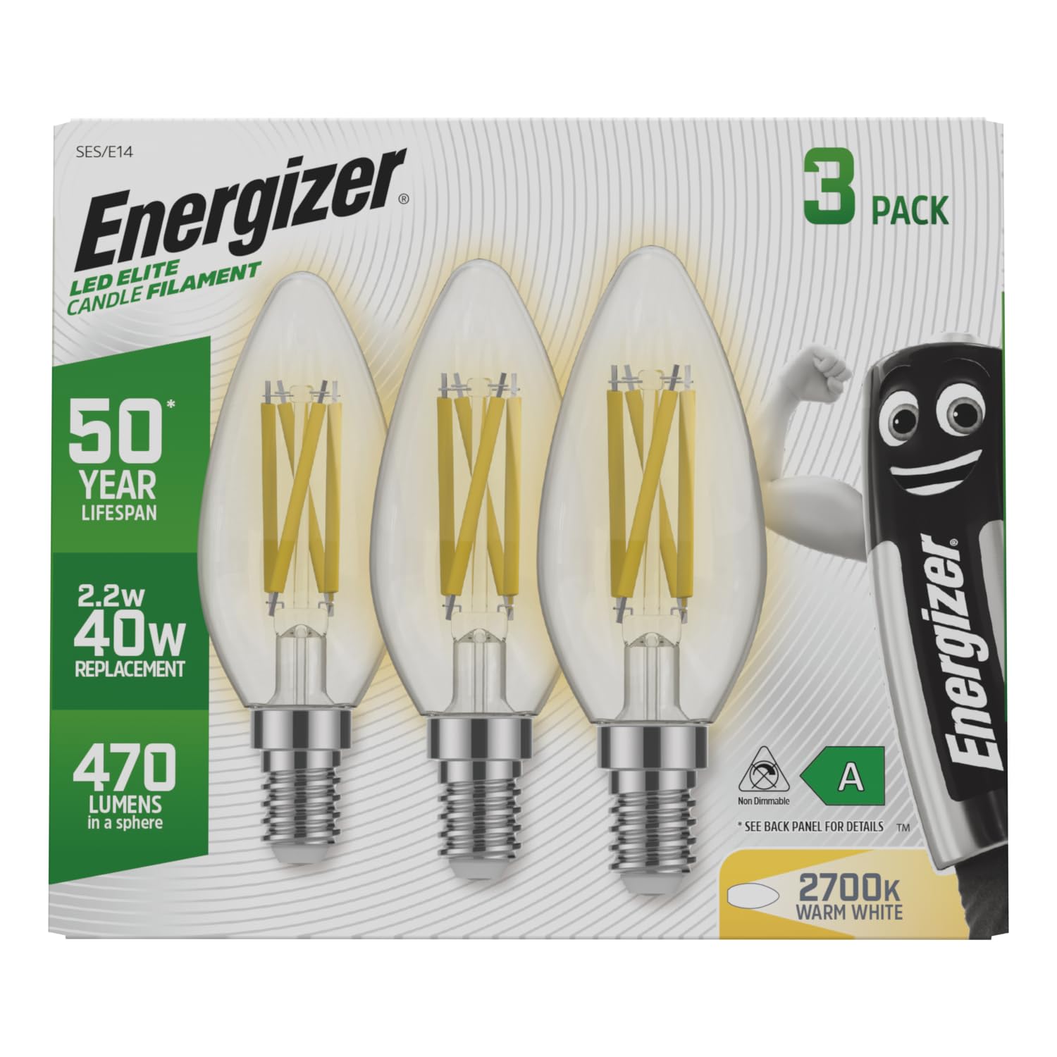 Energizer Ultra Efficient, 50 Year Life Span, E14 / SES Candle LED Light Bulbs