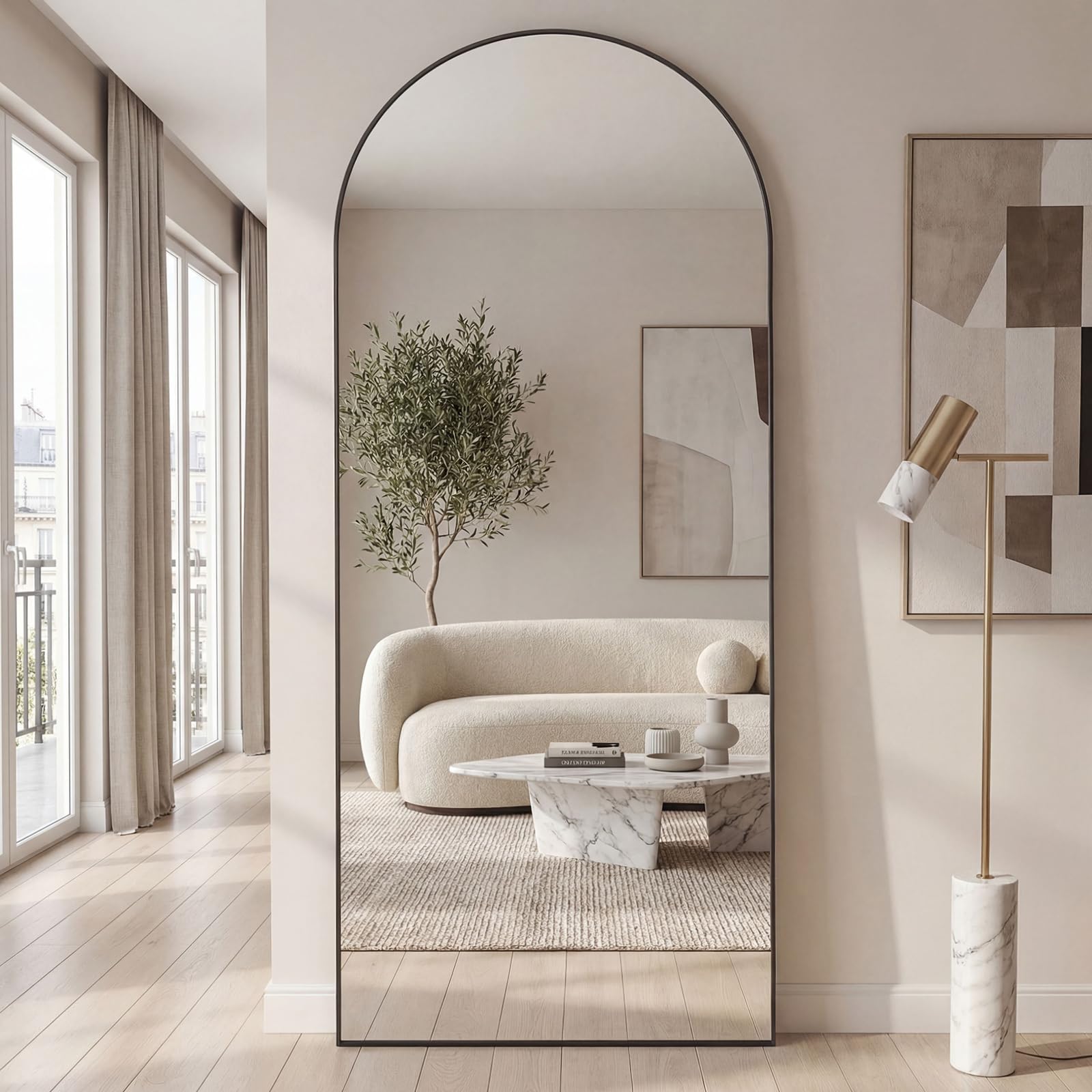 180 x 75 cm Espejo de Cuerpo Entero, Cristal Templado, Espejo Arqueado con Soporte, Marco de Aleación de Aluminio, para Dormitorio, Salón, Vestuario