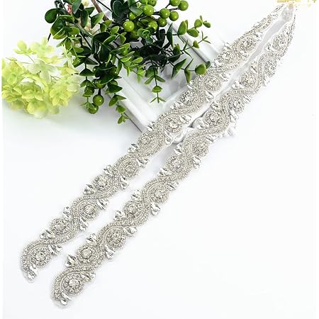 Wedding Belt Applique With Rhinestones & Pearls - Silver Crystal Trim For DIY Dress Sash, 59.5x5cm