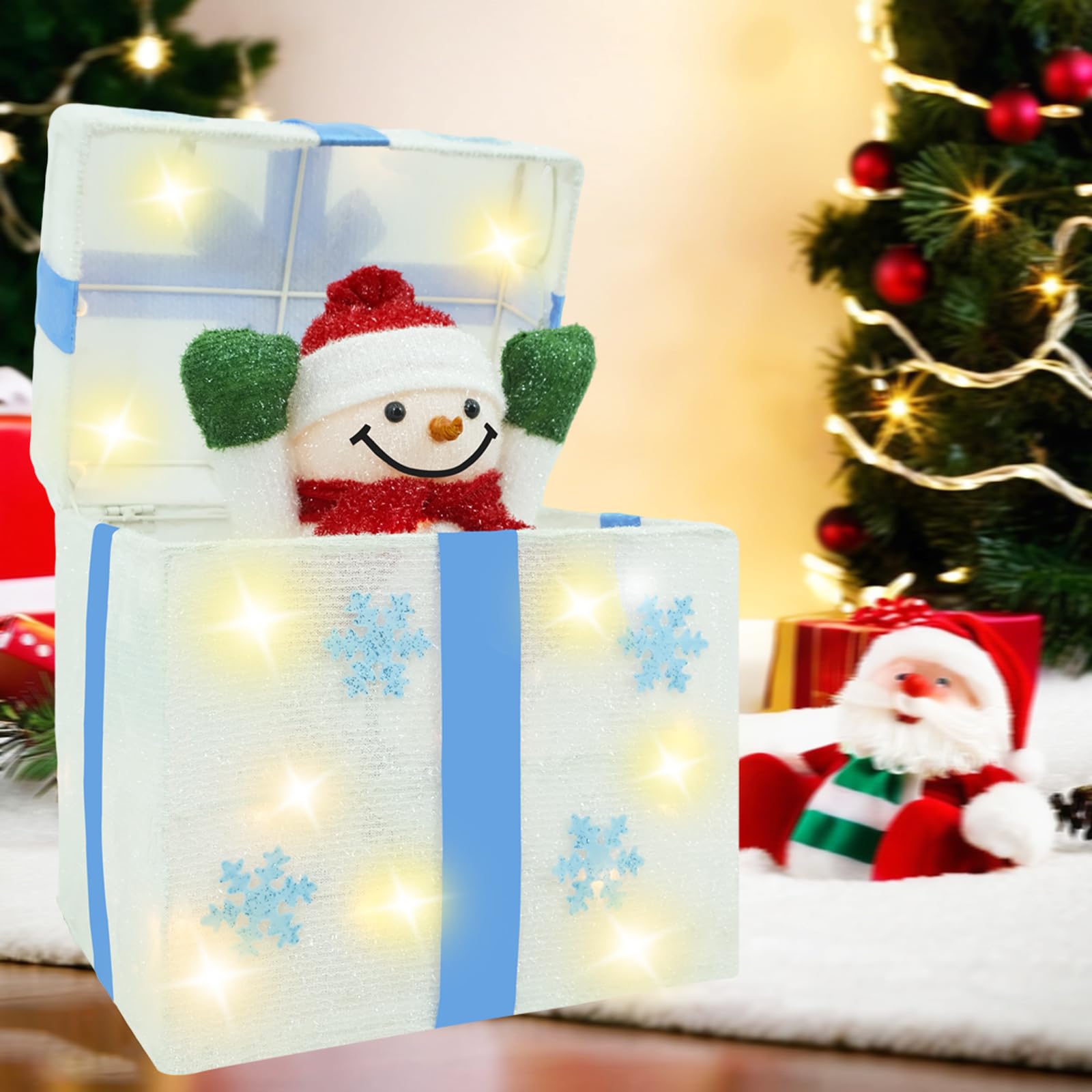 Boîte cadeau en forme de bonhomme de neige animé, blanc, boîte pop-up de Noël, boîte décorative en forme de flocon de neige, avec 20 lumières scintillantes, pour décoration de vacances