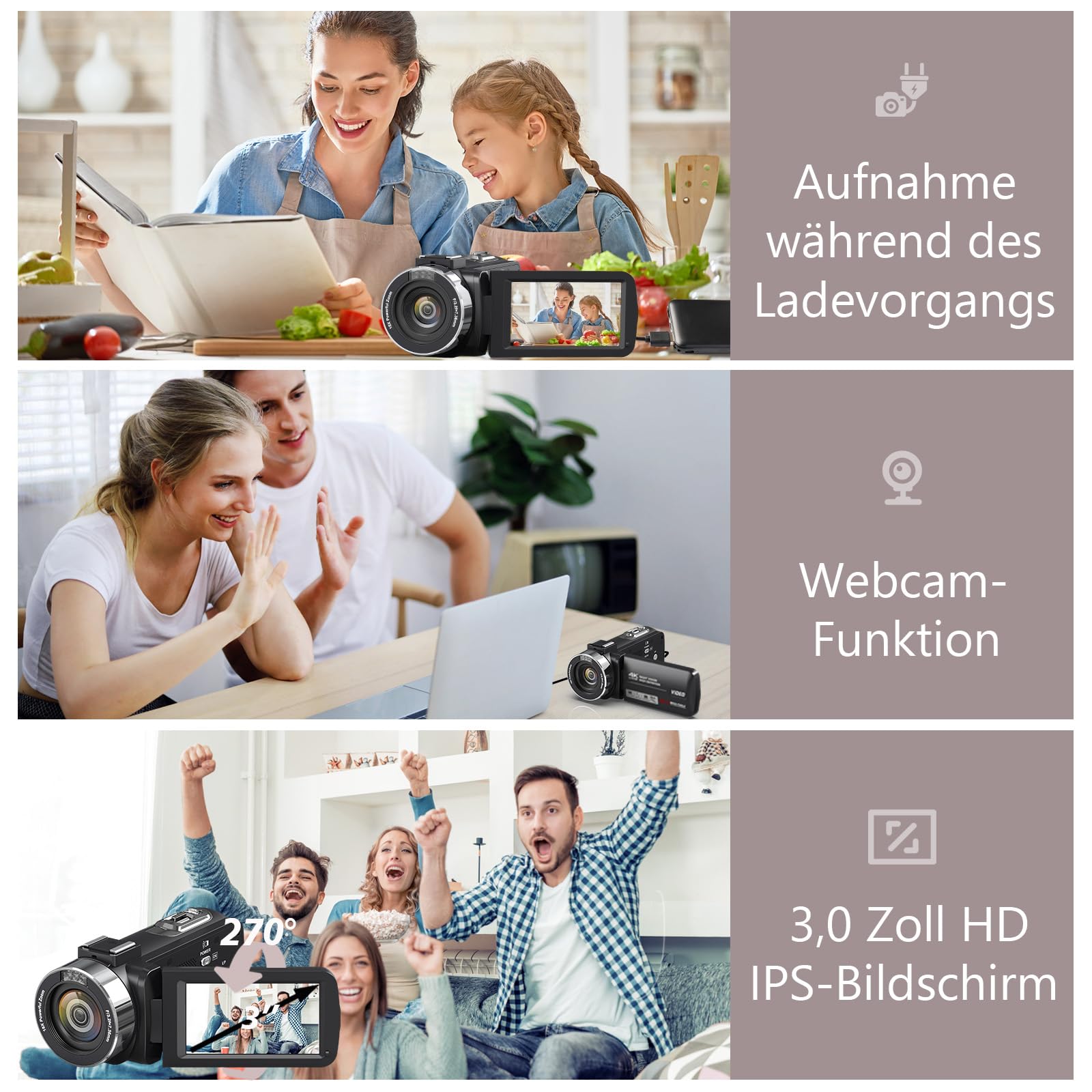 Videokamera 4K Camcorder HD 80MP IR-Nachtsicht Vlogging Kamera für YouTube, Webcam Camera mit 18-Facher Digitalzoom, 3.0’’ 270° Drehung IPS Bildschirm 30FPS Videokamera mit 32GB SD-Karte und 2 Akkus