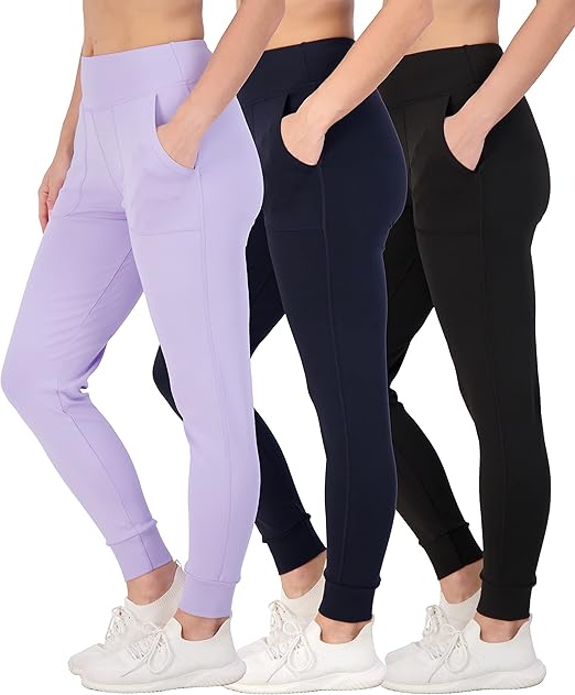Real Essentials 3 Pack: Women's Joggers with Pockets - High Waist Workout Yoga Tapered Athletic Leggings (Available in Plus)