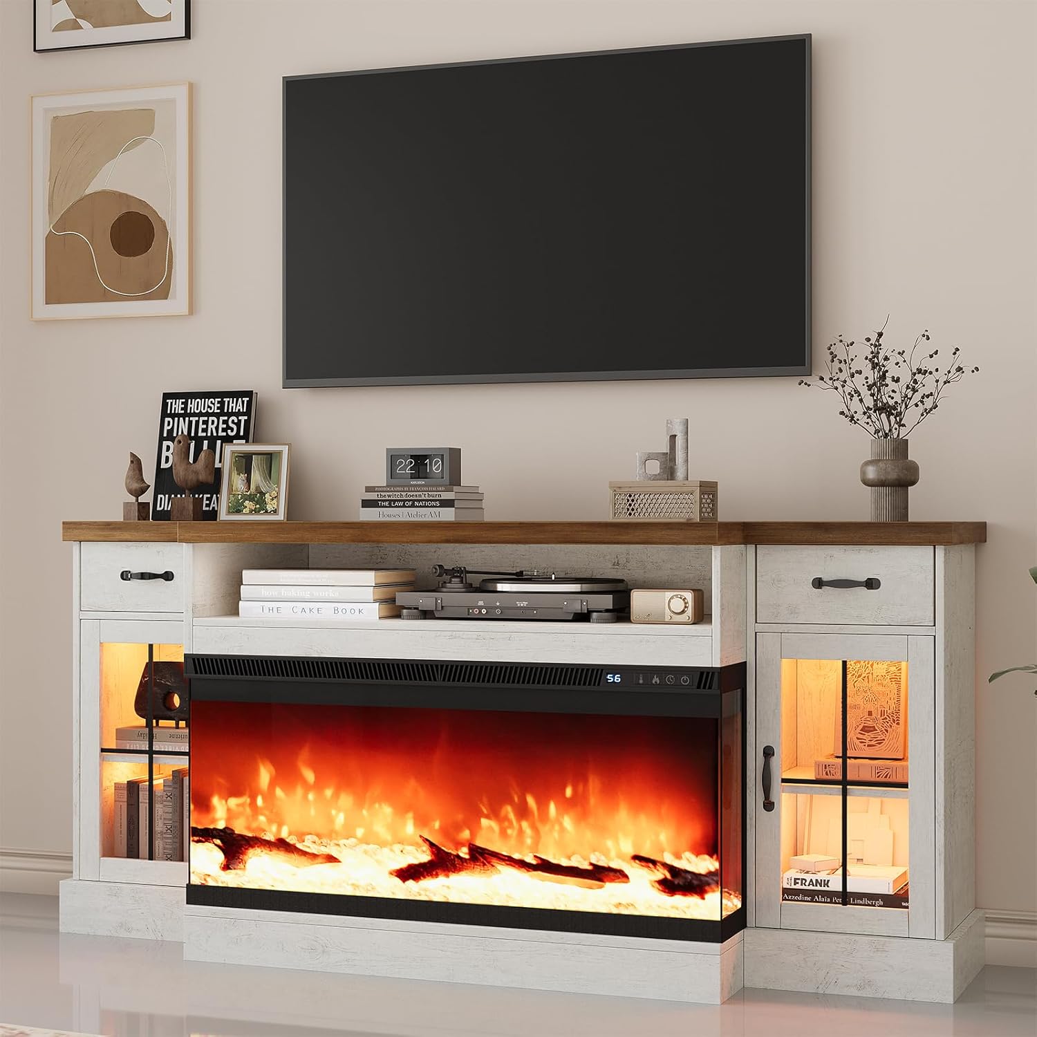 4 EVER WINNER Fireplace TV Stand with 40" Electric Fireplace for 80" TV, 70" Entertainment Center with Adjustable Storage Cabinets, 2 Drawers, TV Consoles for Living Room, White