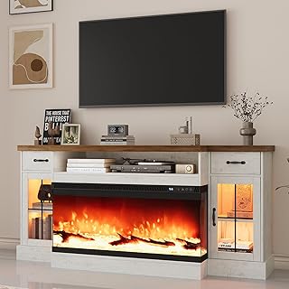 4 EVER WINNER Fireplace TV Stand with 40" Electric Fireplace for 80" TV, 70" Entertainment Center with Adjustable Storage Cabinets, 2 Drawers, TV Consoles for Living Room, White