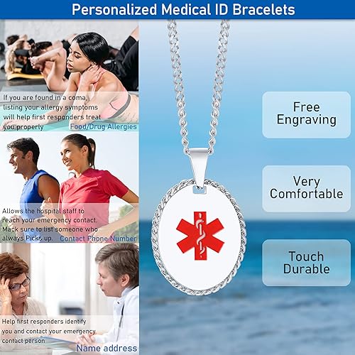 Miniatura 5 de MEALGUET Collar personalizado de alerta médica Collar con colgante de identificación médica de emergencia de acero inoxidable para hombres, mujeres