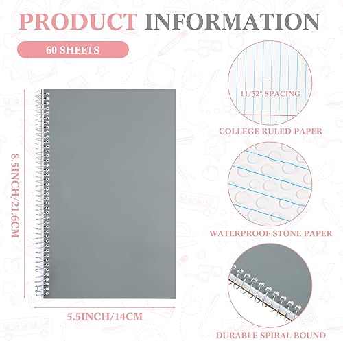 Miniatura 2 de Geyoga 4 cuadernos de papel de piedra impermeables en espiral, cuaderno de papel de piedra duradero con rayas universitarias, 60 hojas, bloc de