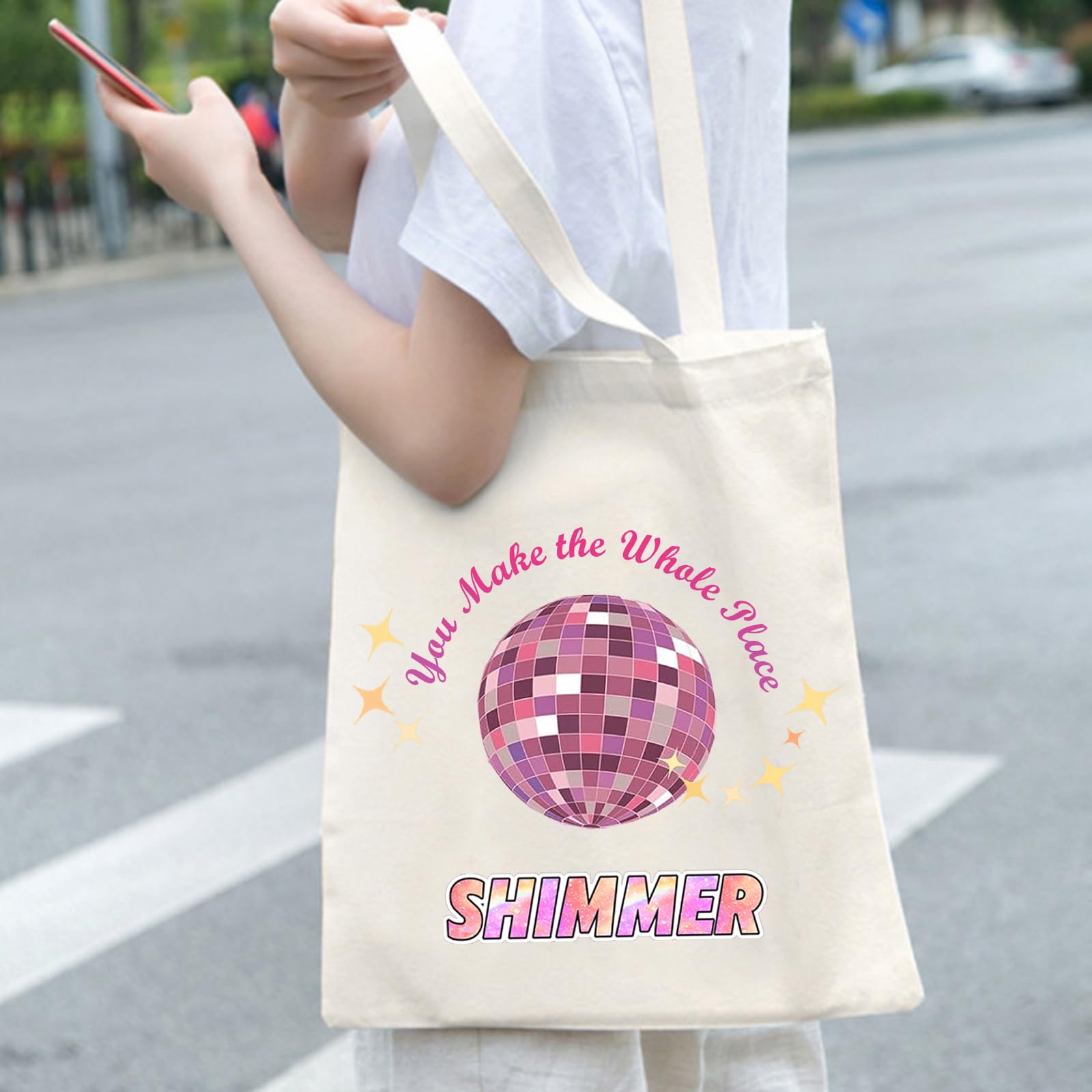 Canvas Tote Bag for Women, Cute Tote Bag, Music Lovers Singer's Merch Present, You Make The Whole Place Shi.m.mer, Aesthetic Large Capacity Foldable Storage Bags, Reusable Casual Grocery Bag