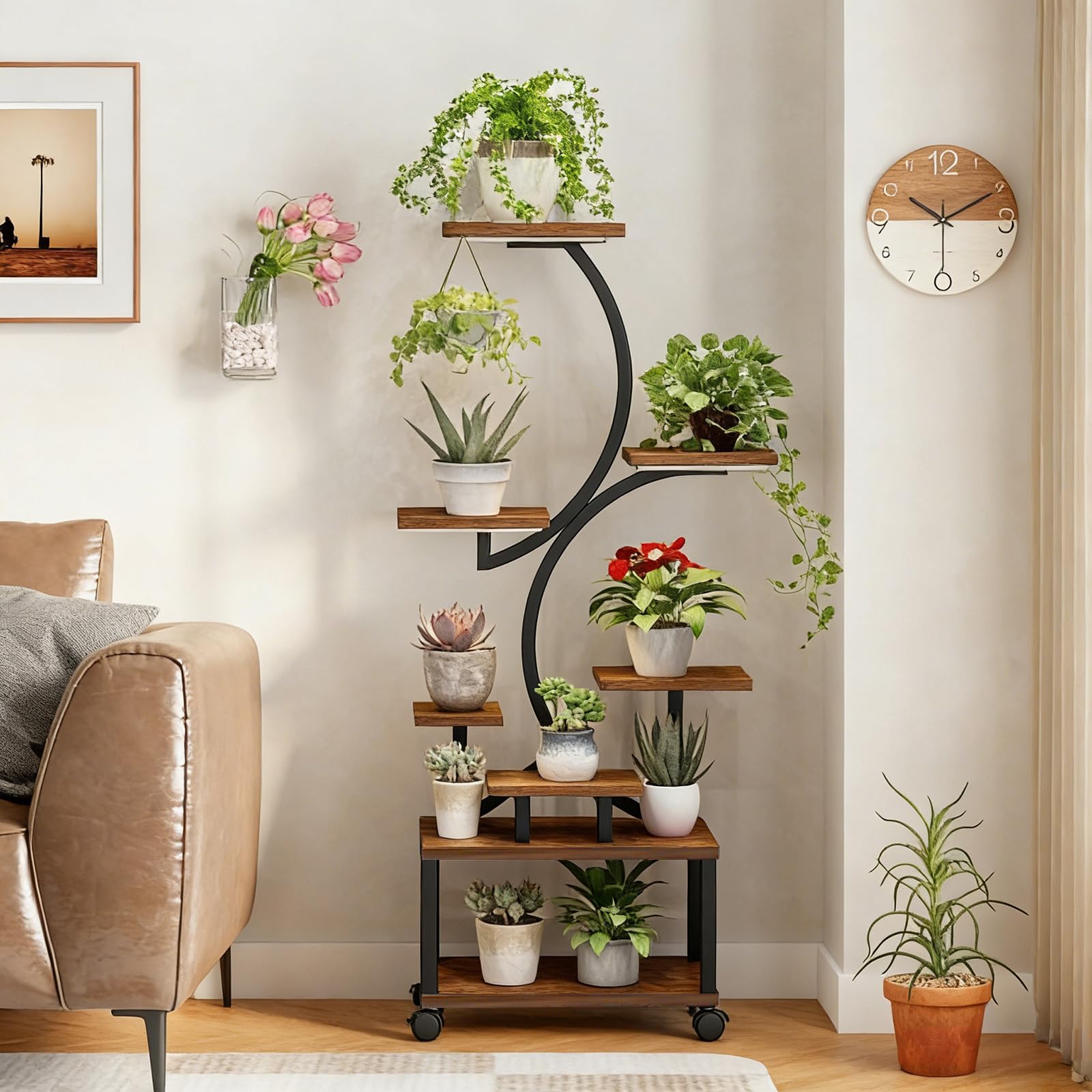 Pflanzenständer mit Wachstumslicht und 4 Rollen, 8 Etagen 159cm Höhe Pflanzenregal Indoor, Blumenständer , Metall-Holz Pflanzenregal für Innen & Außen - Mobiles Blumenregal für Balkon, Büro,Wohnzimmer