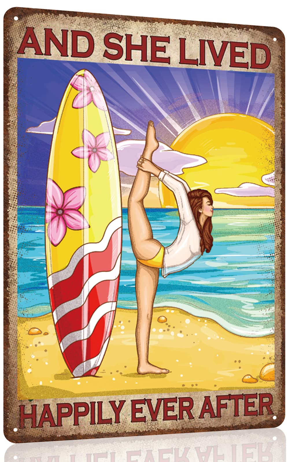 Vintage Metal Tin Sign,And She Lived Happily Ever After Metal Poster,Retro Yoga Girl Summer Sign,Yoga Girl Sign for Home Decor/Wall Decor/Yoga Room Decor/Living Room Decor/BedRoon Decor,Size 8X12 IN