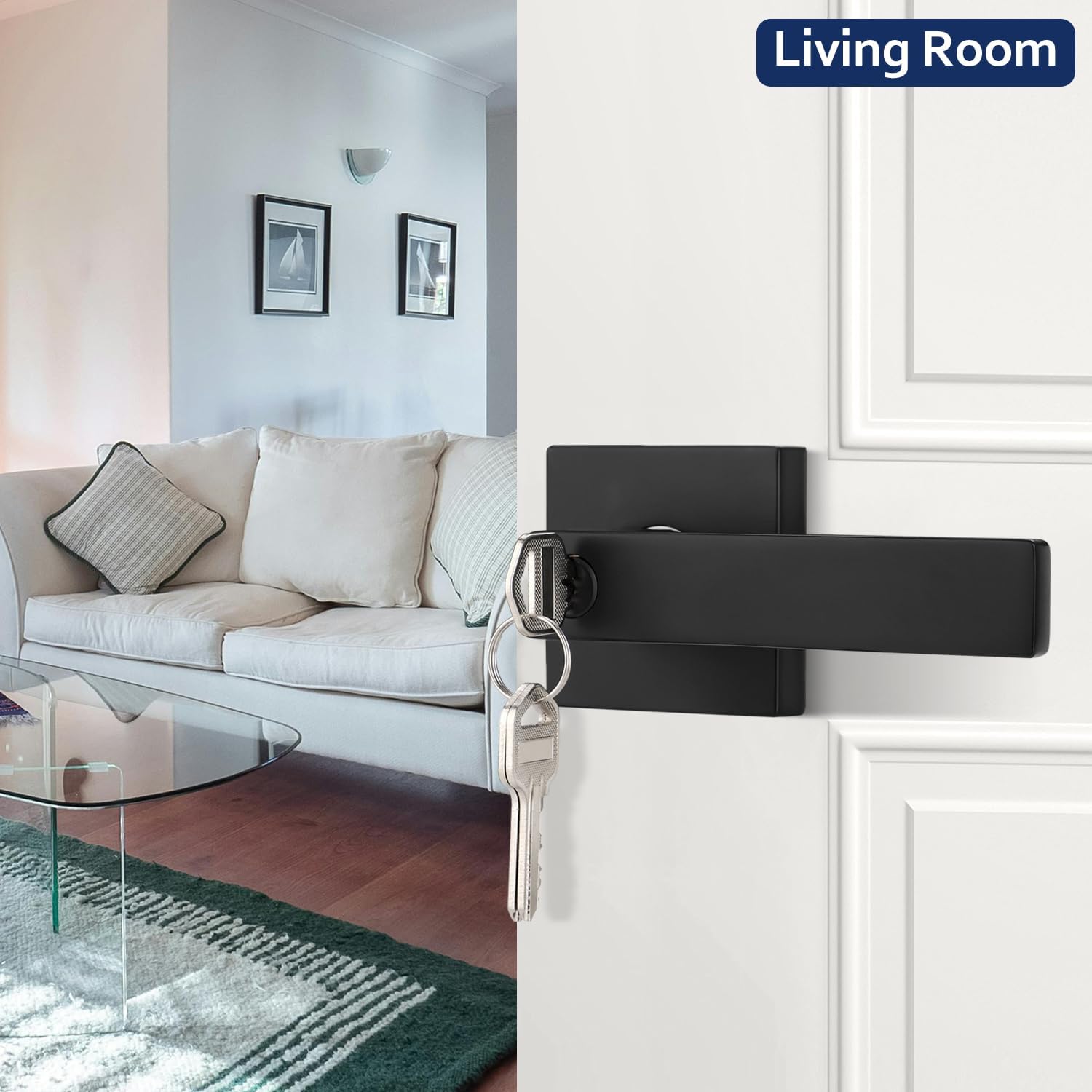 1 Pack Interior Door Handle, Black Door Knobs, Bedroom Door Knobs with Lock, Keyed Entry Door Handle, Different Keys, Lever Door Handle, Reversible for Left/Right Handed Doors