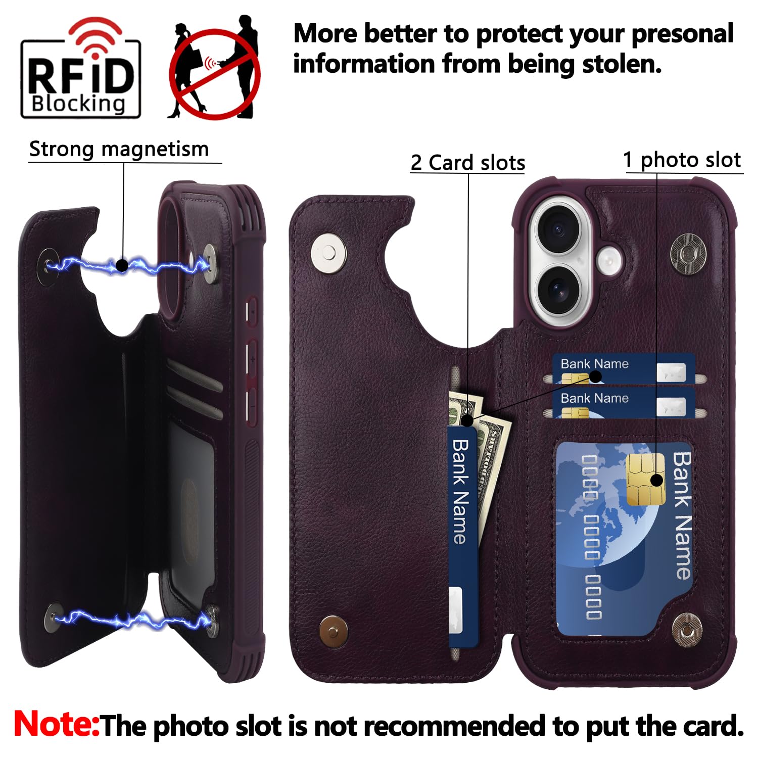 VANAVAGY Compatible for iPhone 16 Plus Wallet Case with Credit Card Holder,Rfid Leather Flip Folio Phone Cover Fits Magnetic Car Mount and Stand with Screen Camera Protector,Purple - Image 3