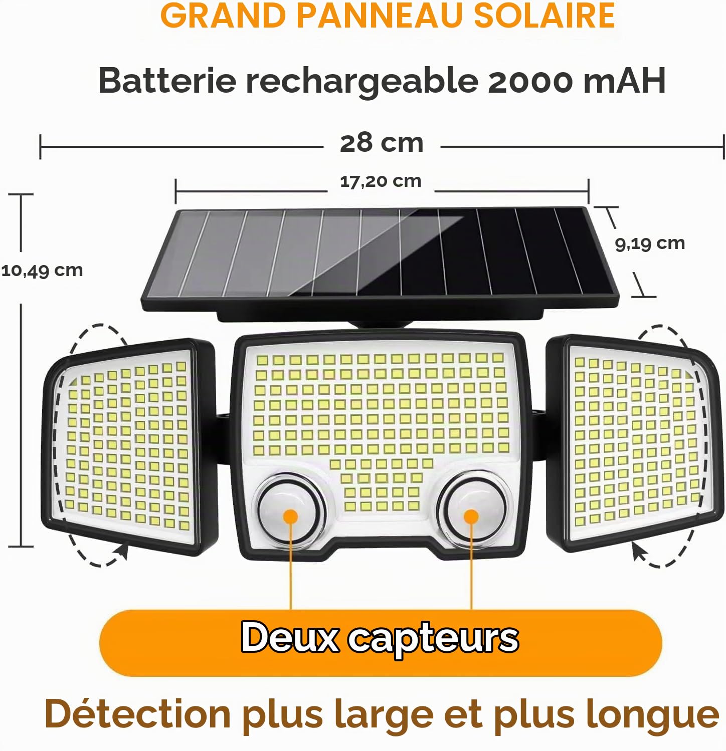 Lumisky Lot de 2 Spots Solaires à 3 Têtes Noires RAYLITE - Éclairage LED Puissant Blanc, Orientables avec Détecteur de Mouvement, Idéaux pour Sécuriser Jardin, Terrasse et Extérieur