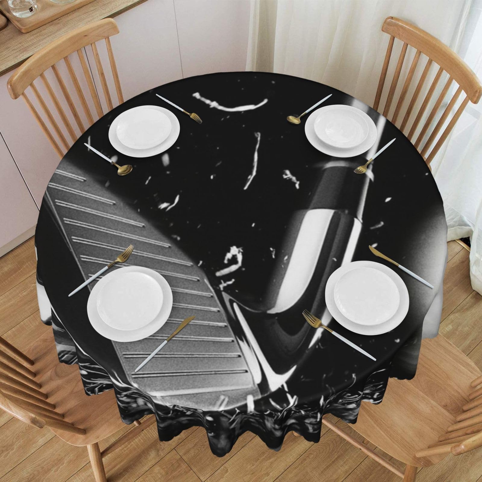 DCEHGEW 60 In Round Tablecloth with Lace, Black and White Golf Printed Oilproof & Washable Fabric Picnic Table Cloth Table Covers
