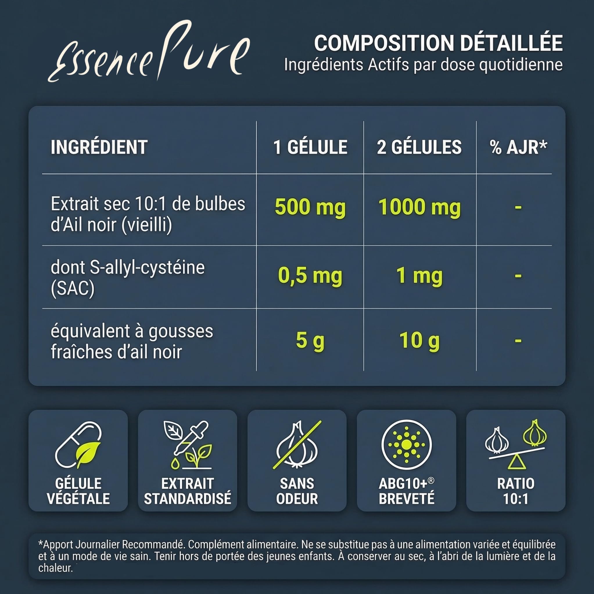 Ail Noir Fermenté 10x Concentré | Extrait d'Ail Noir Vieilli – Standardisé en S-allyl-cystéine | Cœur & Cholestérol | Sans Arrière-Goût | 80 Gélules Vegan | Essence Pure Api-Nature