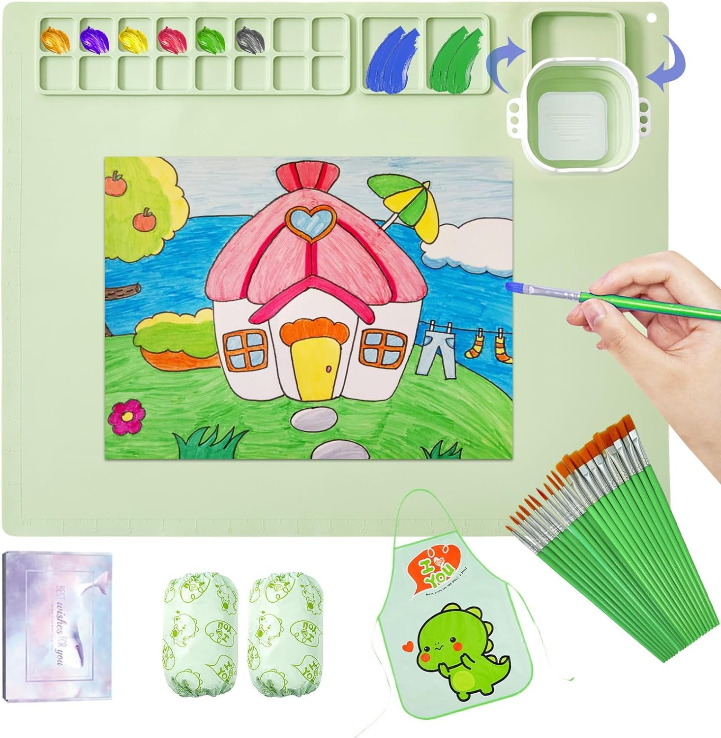 MostNow Silicone Painting Mat kit, Kids Painting Station, 20 X16 Inches Large Silicone Mat with Detachable Cup for Crafts,Kids Gift, DIY Creations (Green)