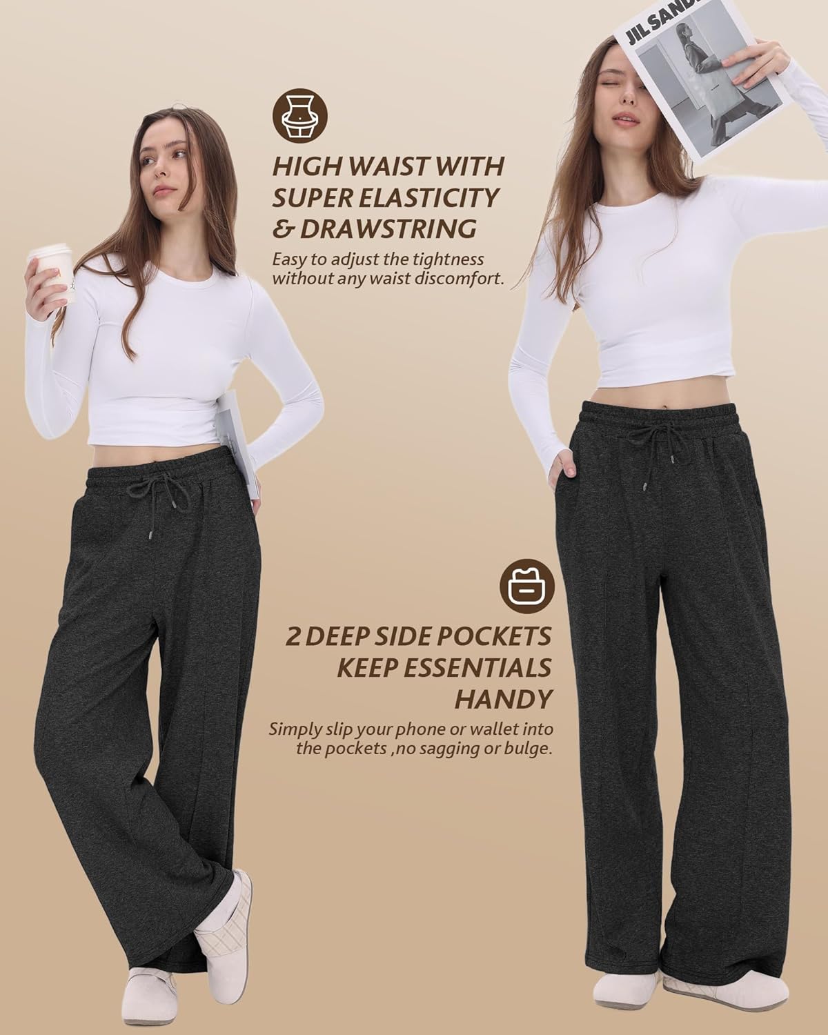 CAMPSNAIL Wide Leg Sweatpants Women - Baggy High Waisted Straight Leg Loose Sweat Pants with Chic Seams Drawstring Pockets - Image 3