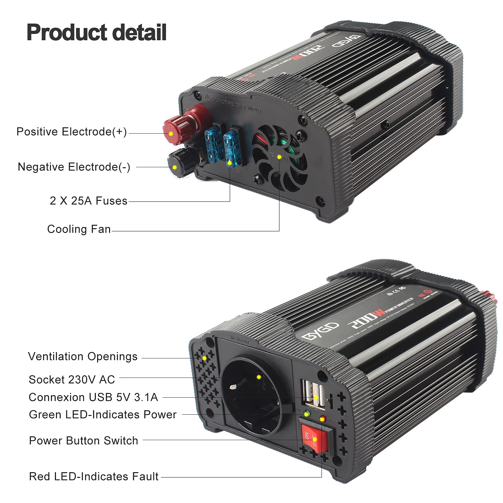 200W Inverter 12v 230V Onda Pura,Invertitore Corrente per Veicoli con Accendisigari e Clip Batteria,di Corrente con 2 Porte USB, per Automobile, Auto Camper e Computer-Nera